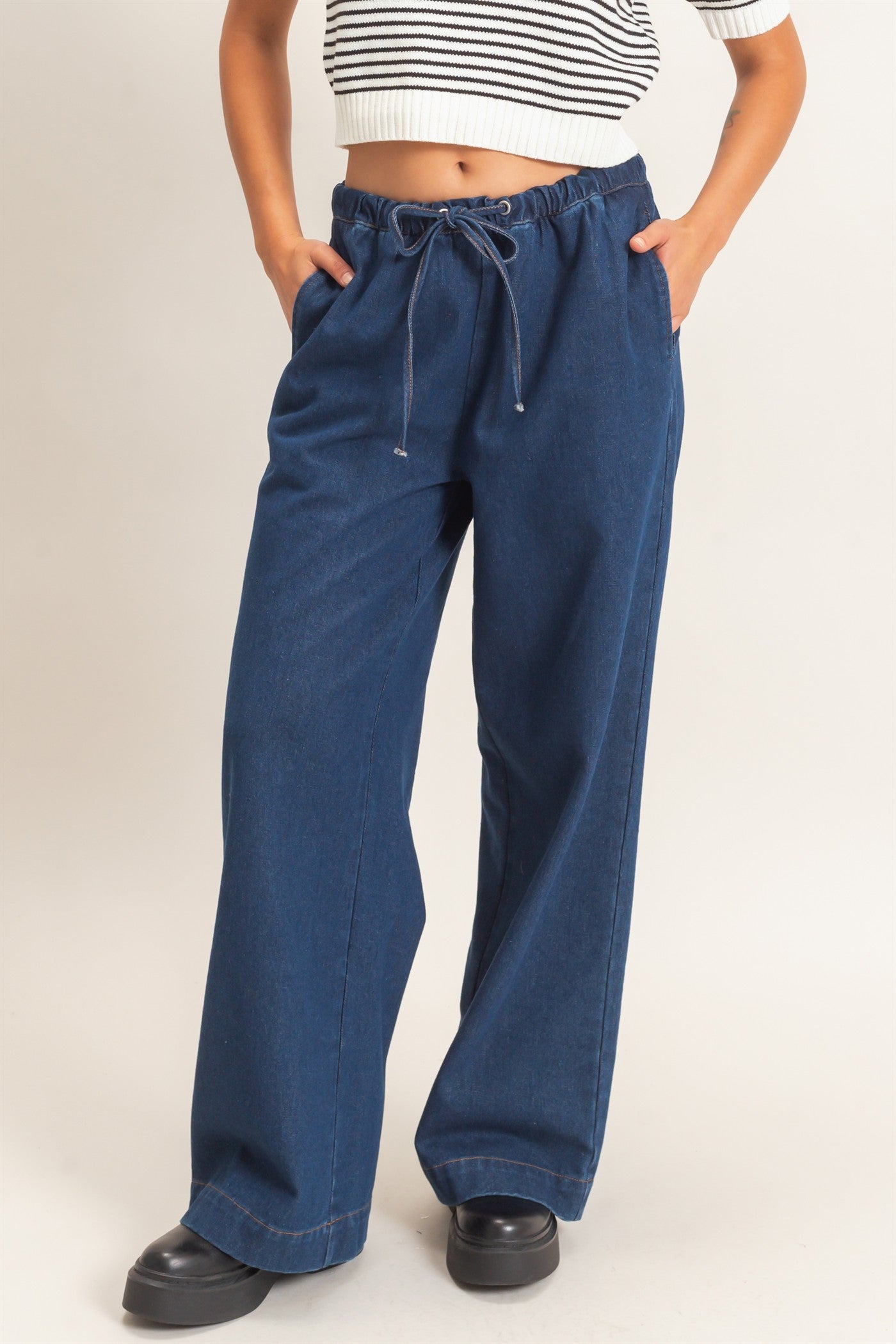 Wholesale Elastic Waist Wide Leg Denim Pants Pants DZ26E331 DARK BLUE DOUBLE ZERO