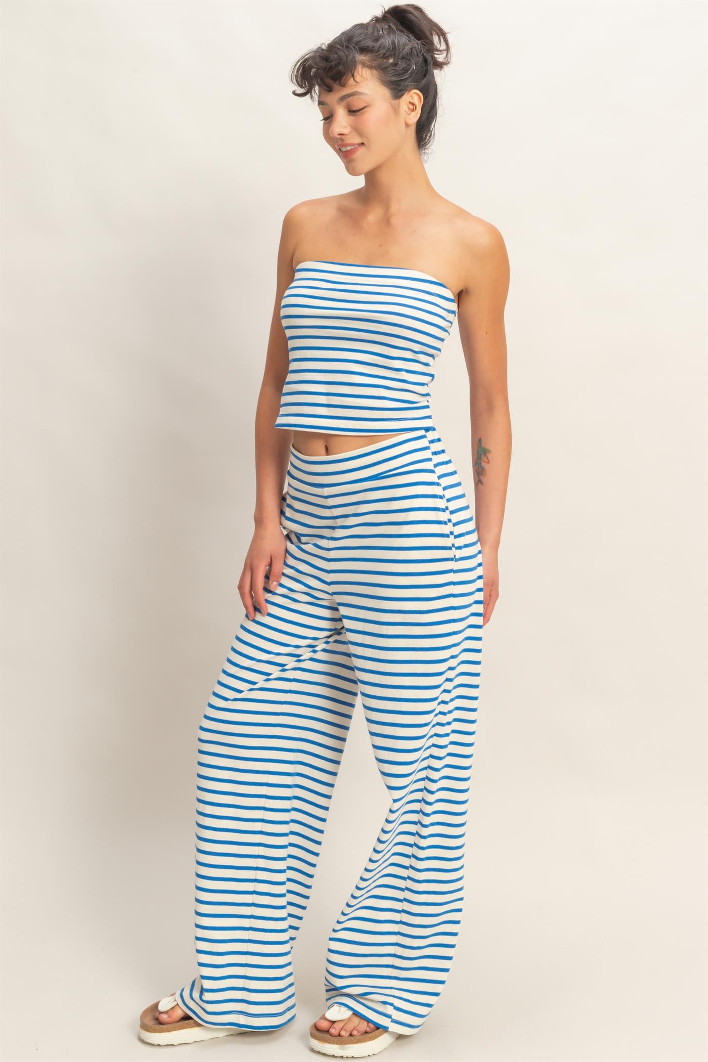 Wholesale Striped Jersey Tube Top And Pants Set Clothing DZ26C621-SET BLUE DOUBLE ZERO
