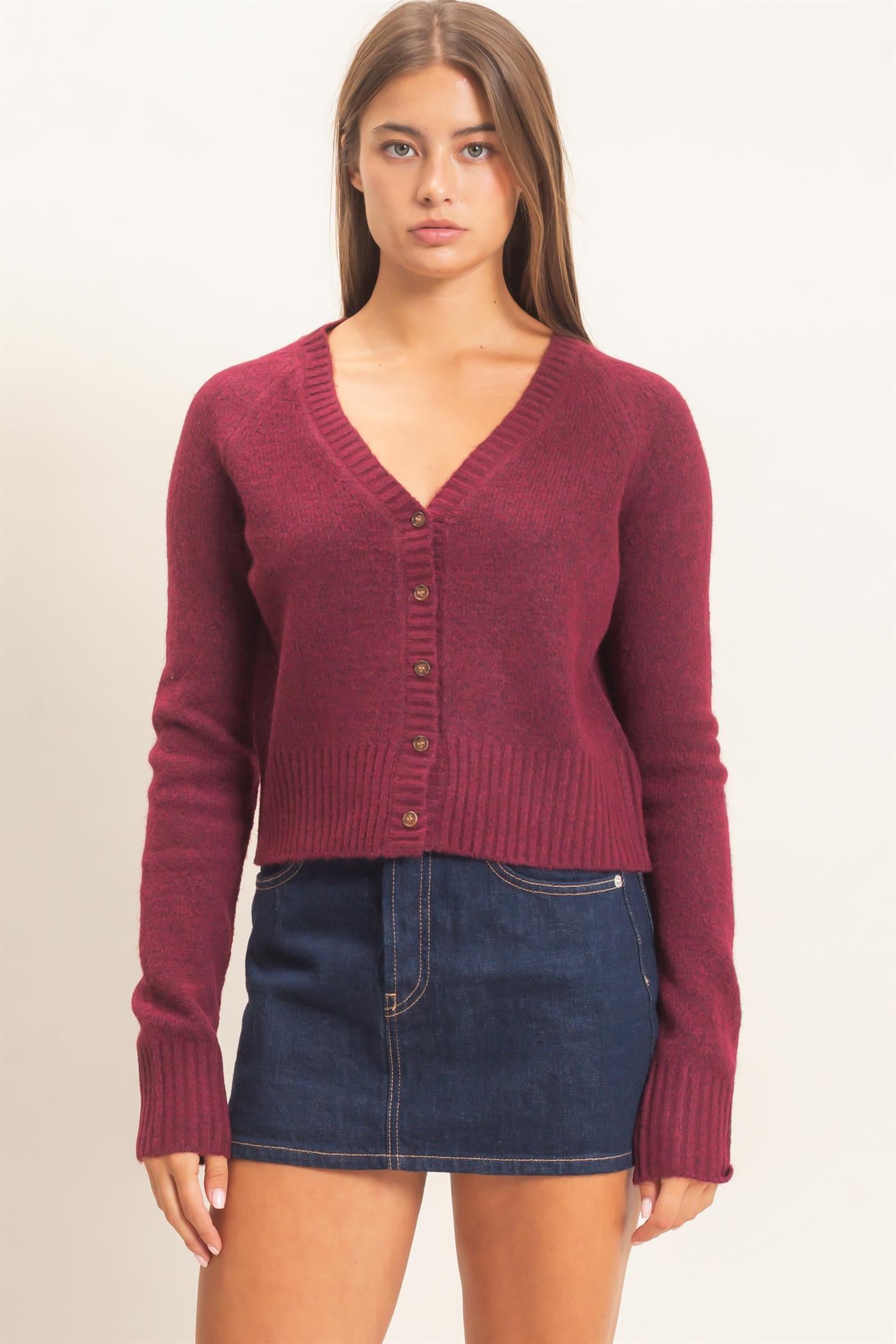 Wholesale V-Neck Cardigan Cardigans DZ26E326 DARK CHERRY DOUBLE ZERO