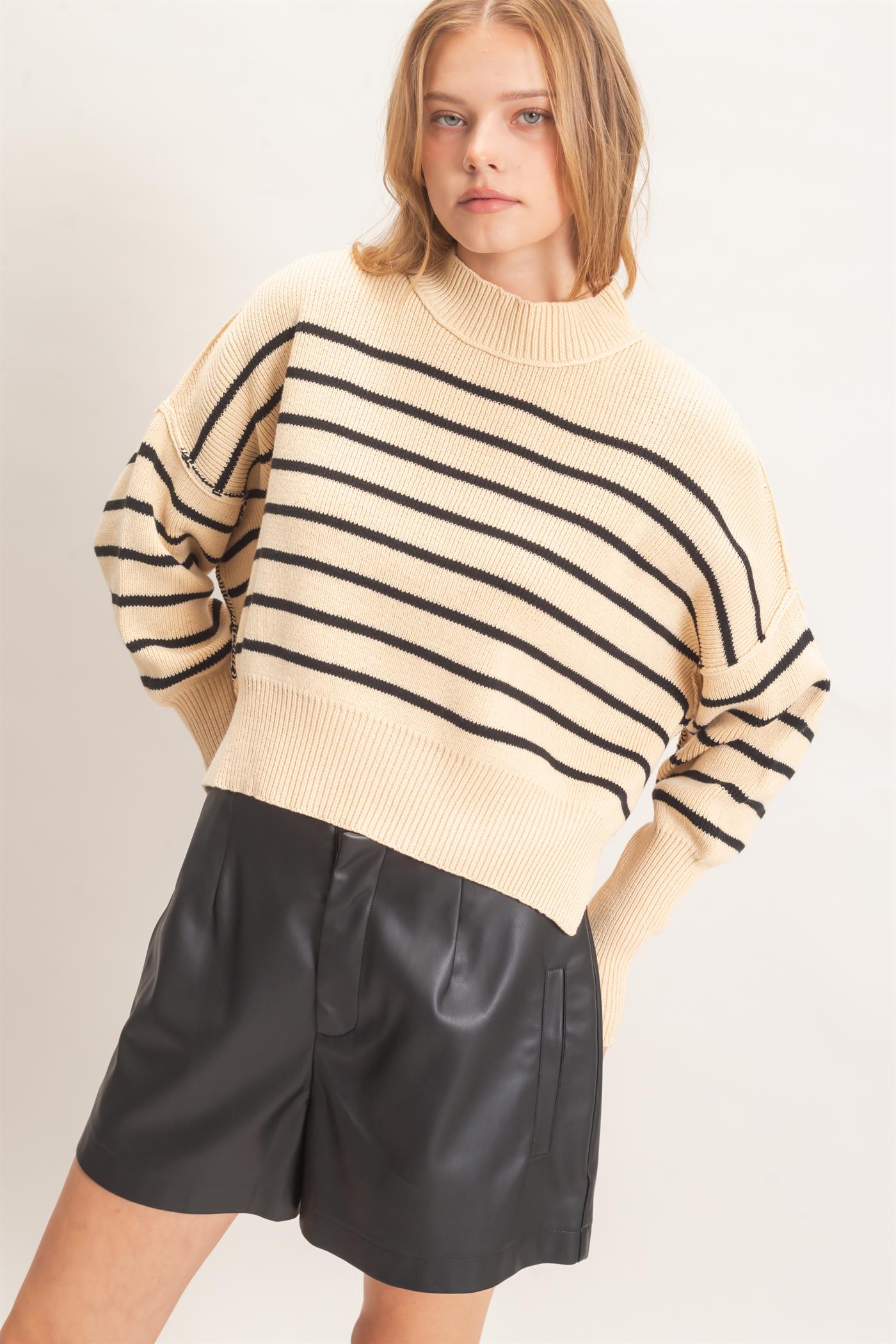 Wholesale Striped Mock Neck Cropped Sweater Sweaters HF26F192 BLACK HYFVE