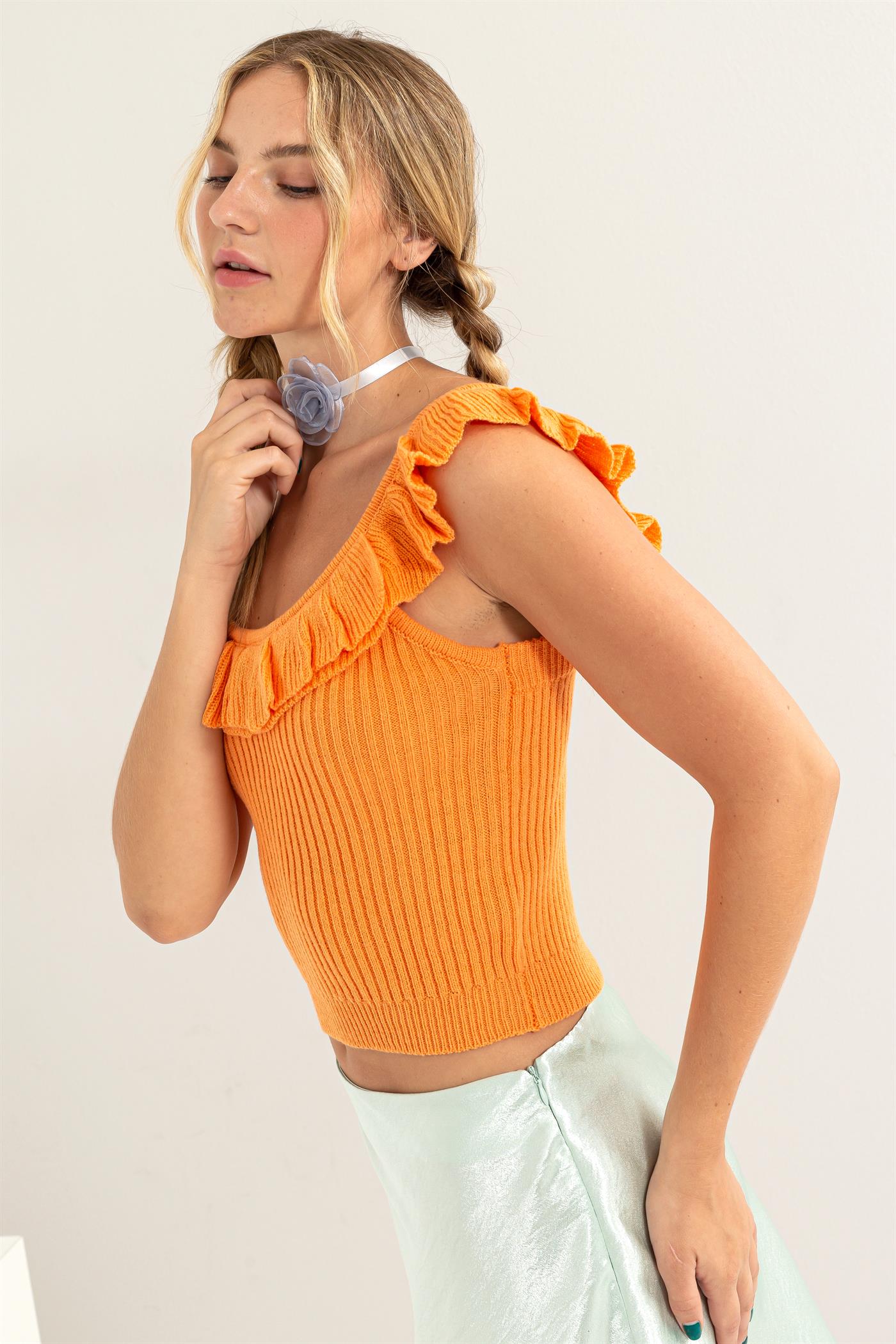 Wholesale Ribbed Ruffle Crop Top Clothing Tops DZ24A505 ORANGE DOUBLE ZERO