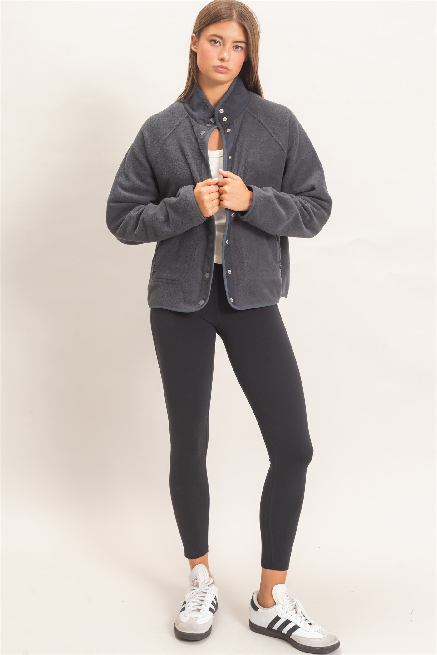 Wholesale Fleece Jacket With Button Front Coats & Jackets DZ26F086 DARK GRAY DOUBLE ZERO