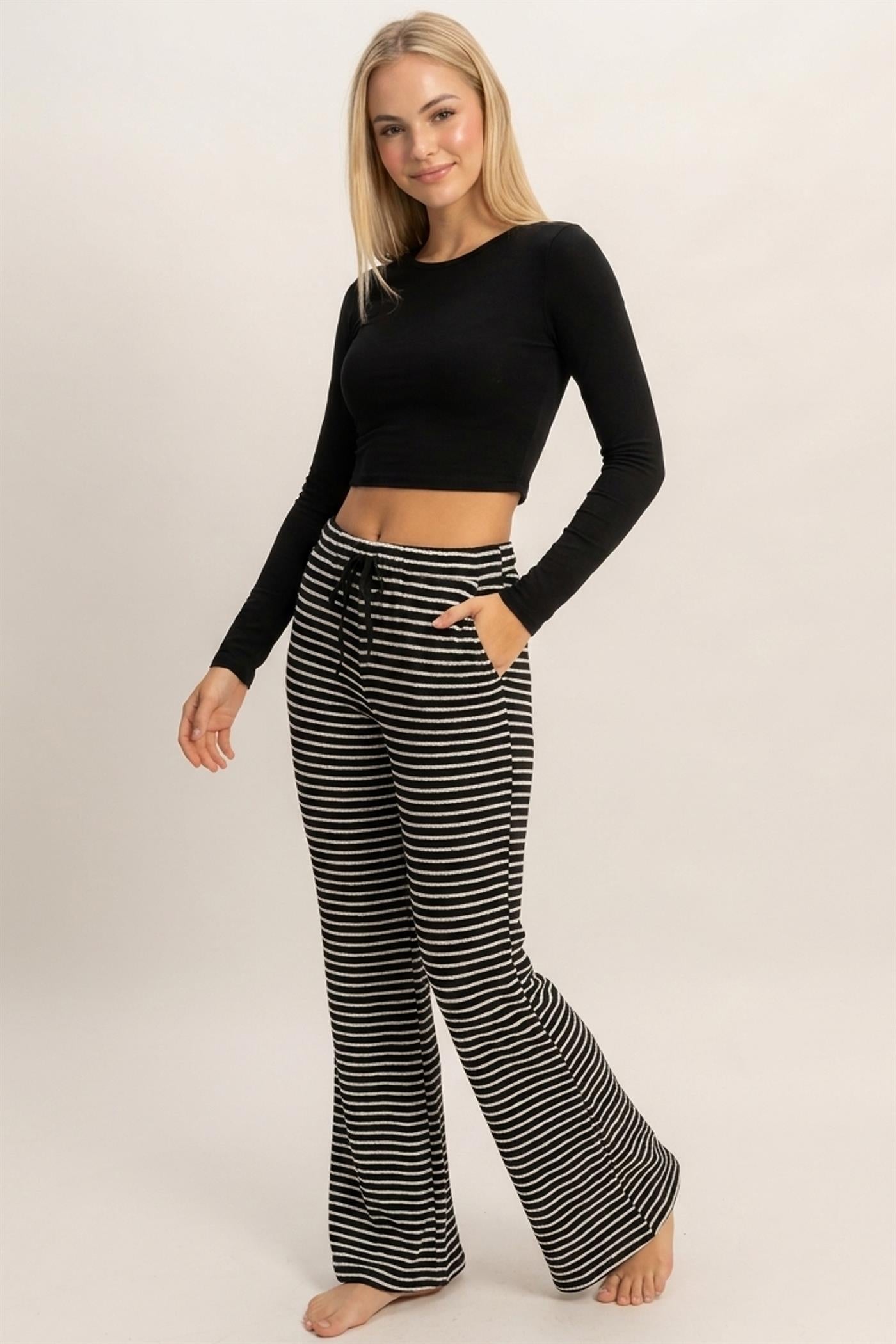 Wholesale Striped Wide Leg Pants Pants HF27A424 BLACK HYFVE