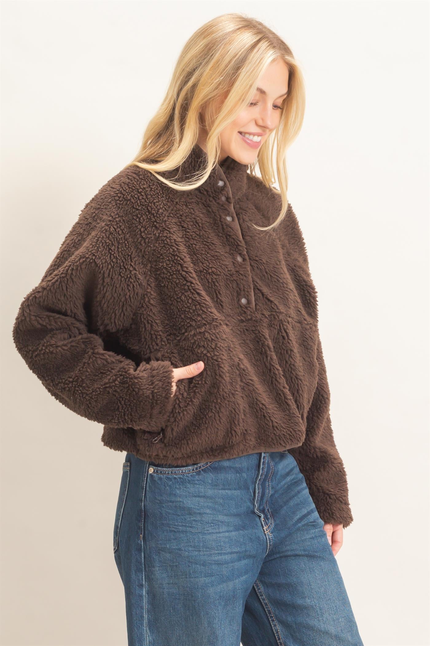 Wholesale Half-Zip Sherpa Jacket Sweatshirts HF26F130-D BROWN HYFVE
