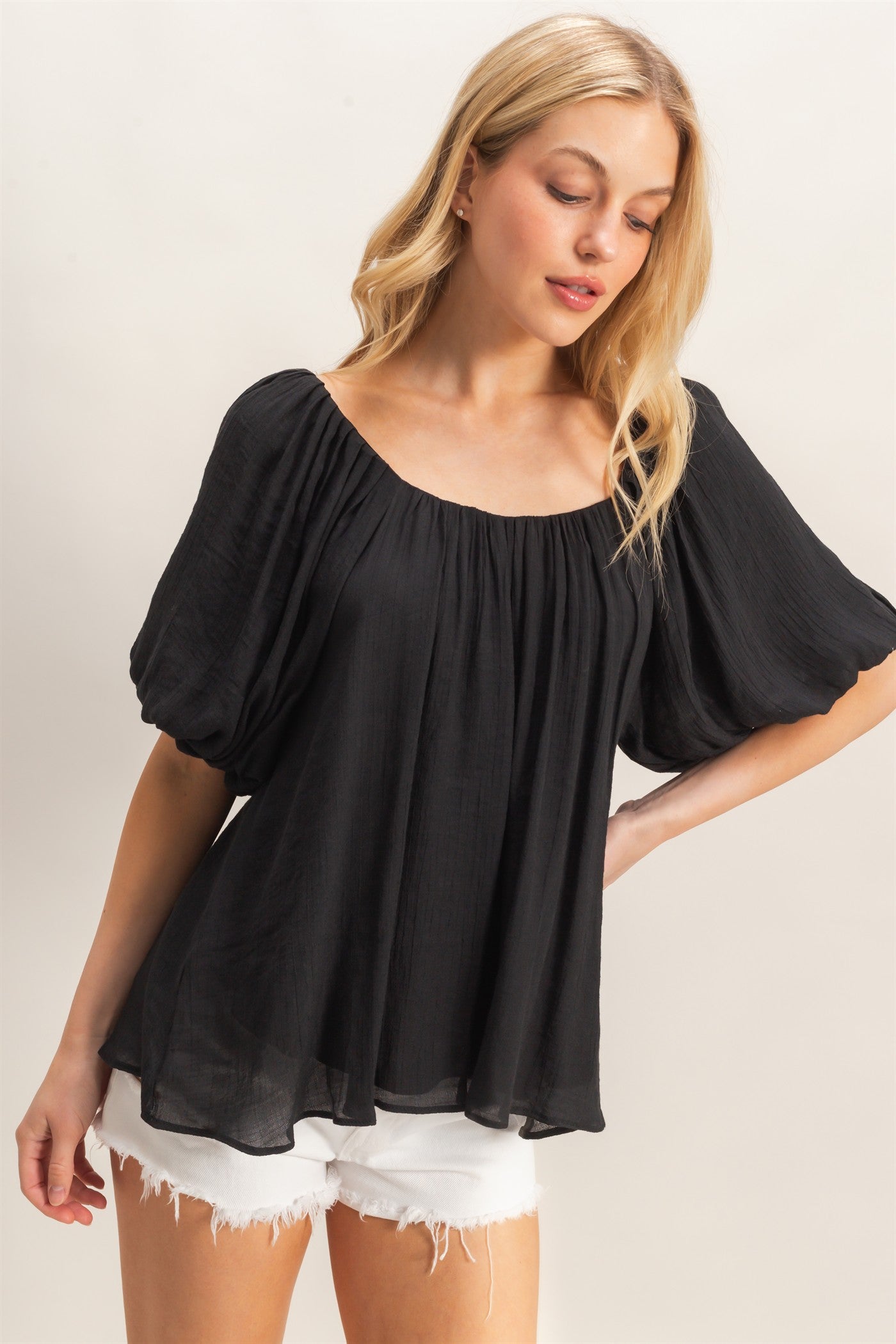 Wholesale Gathered Puff Sleeve Blouse Blouses HF26C307 BLACK HYFVE
