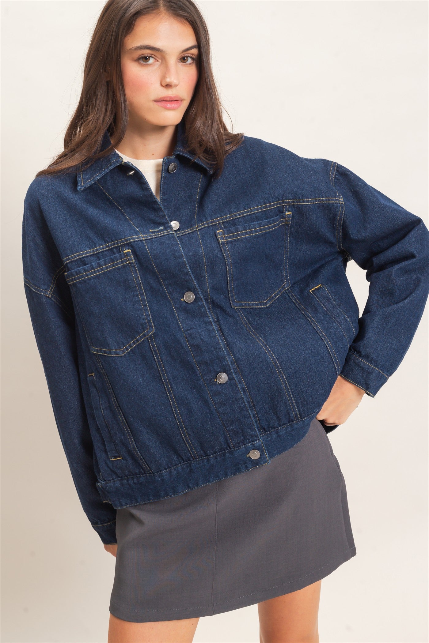 Wholesale Button-Up Denim Jacket Coats & Jackets HF26E001 DARK DENIM HYFVE