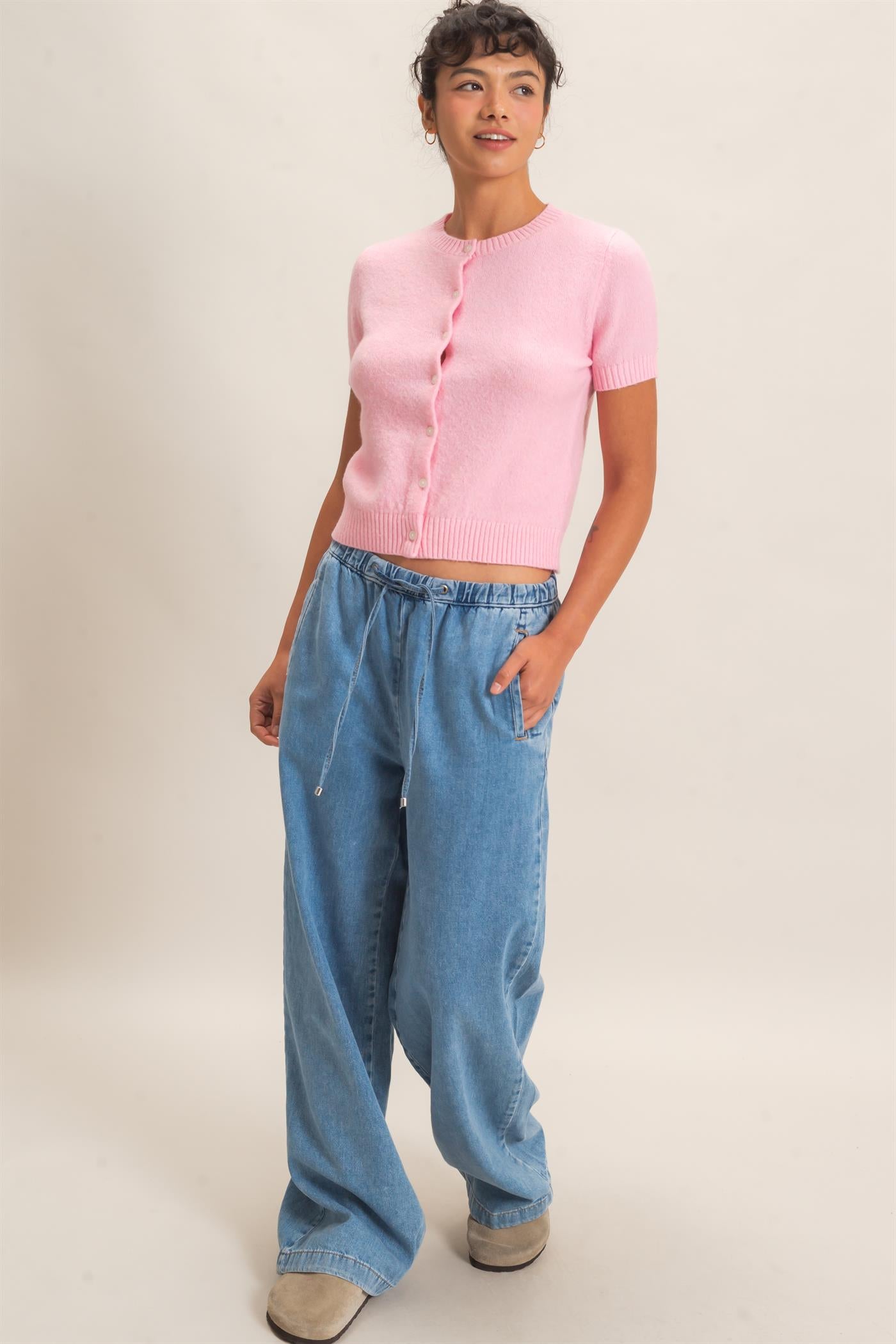Wholesale Crew Neck Short Sleeve Cardigan Cardigans DZ26E108 PINK DOUBLE ZERO