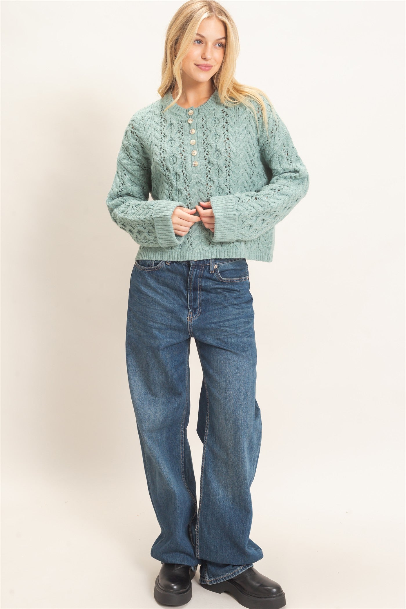 Wholesale Cable Knit Henley Sweaters HF26E552 CALMING GREEN HYFVE