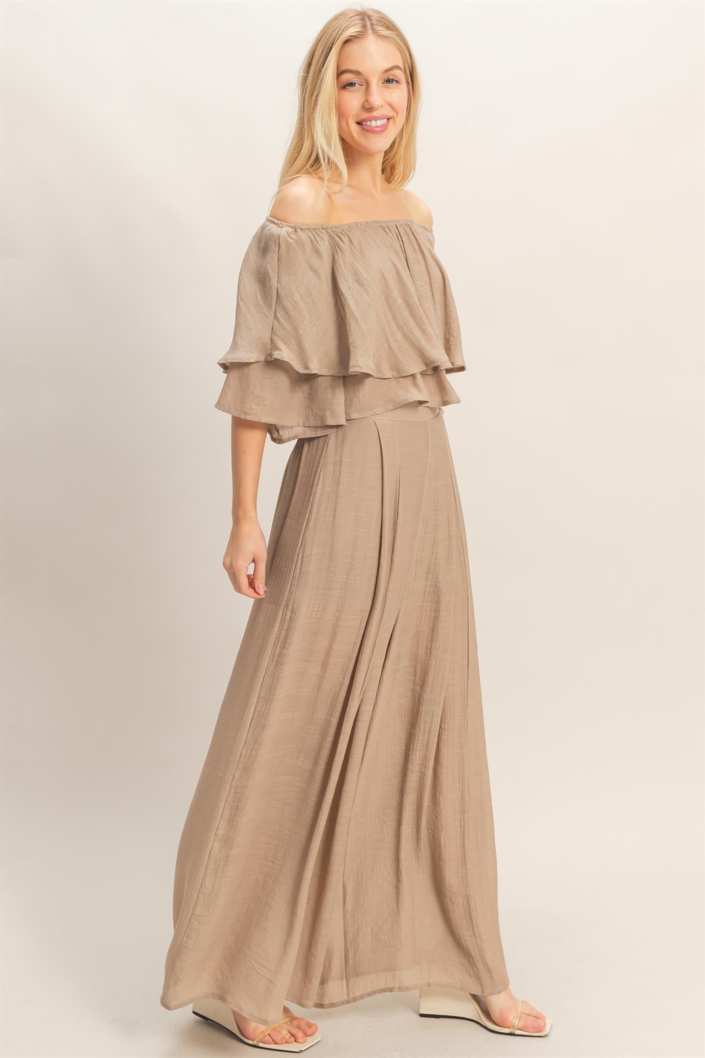 Wholesale Off Shoulder Top & Pleated Pant Set Clothing HF26C291-SET-D LIGHT MOCHA HYFVE