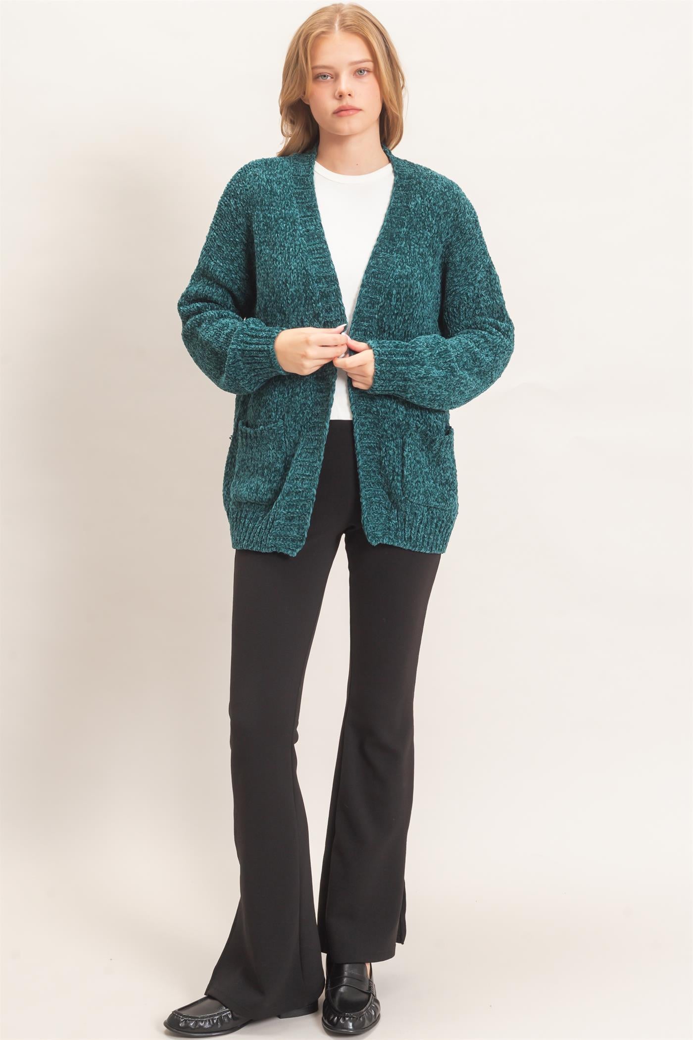 Wholesale Patch Pocket Chenille Cardigan Cardigans HF26E839 EMERALD GREEN HYFVE