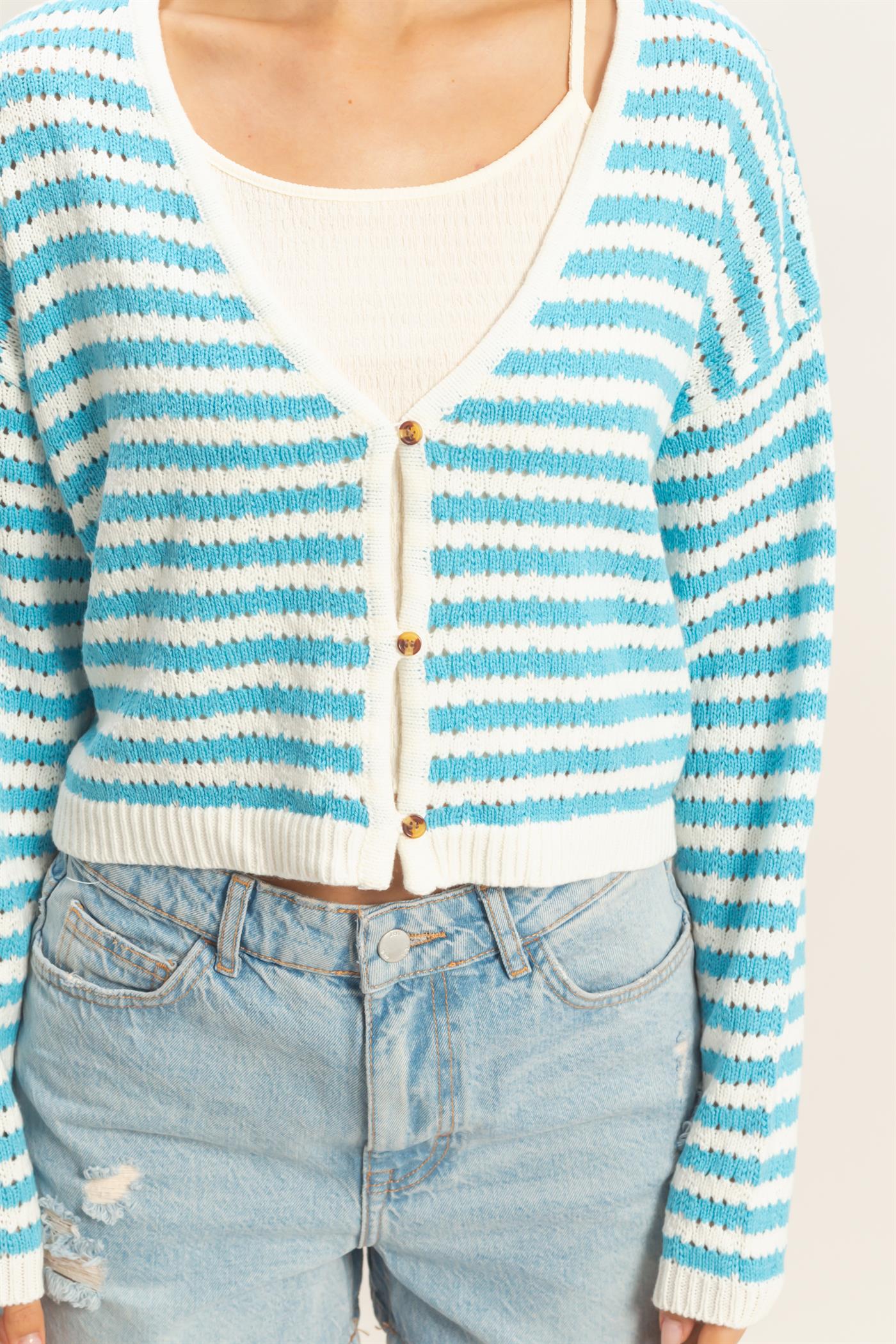 Wholesale Striped V-Neck Cardigan Cardigans HF26A174 BLUE HYFVE
