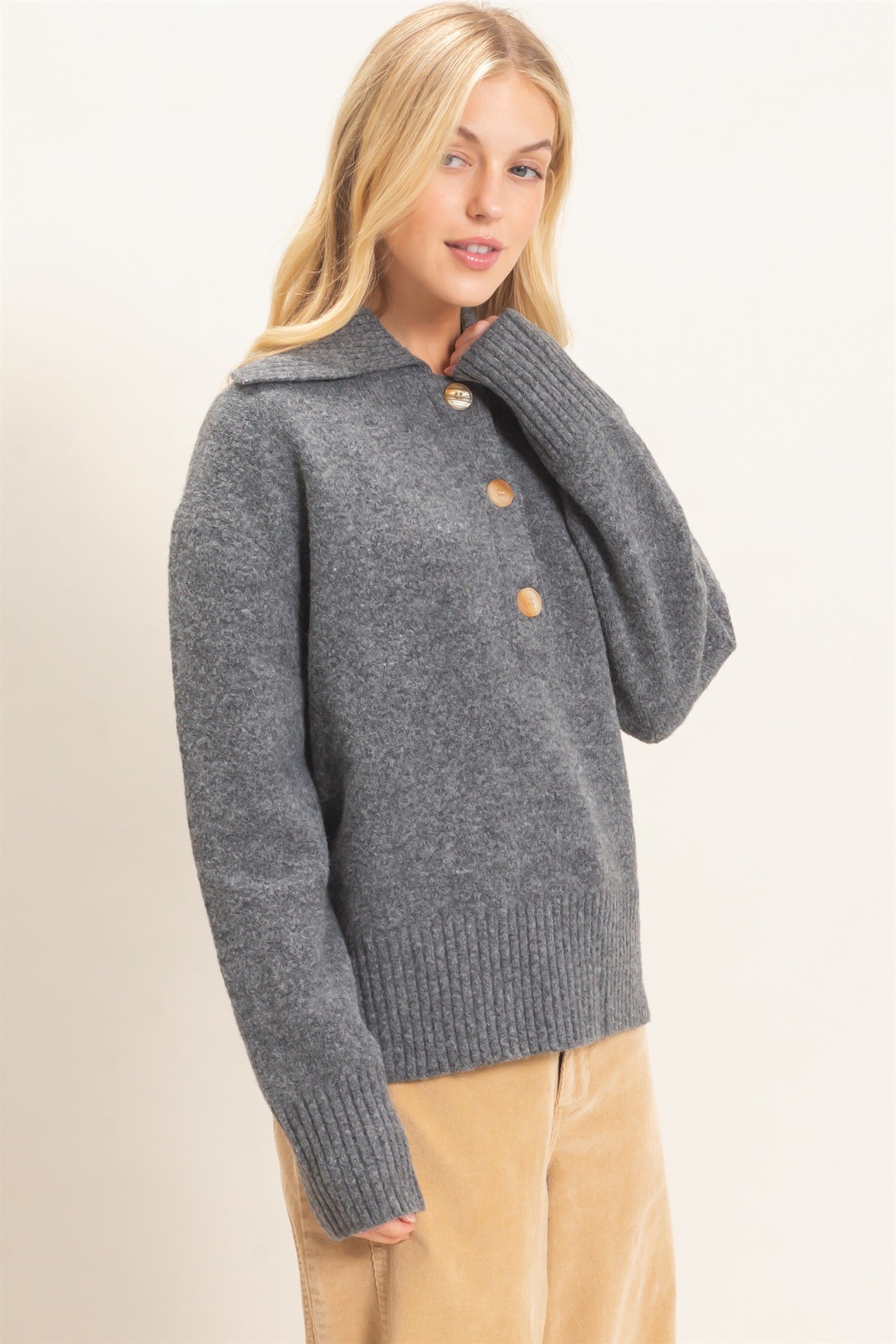 Wholesale Button-Up Collared Sweater Sweaters HF26E752 GRAY HYFVE
