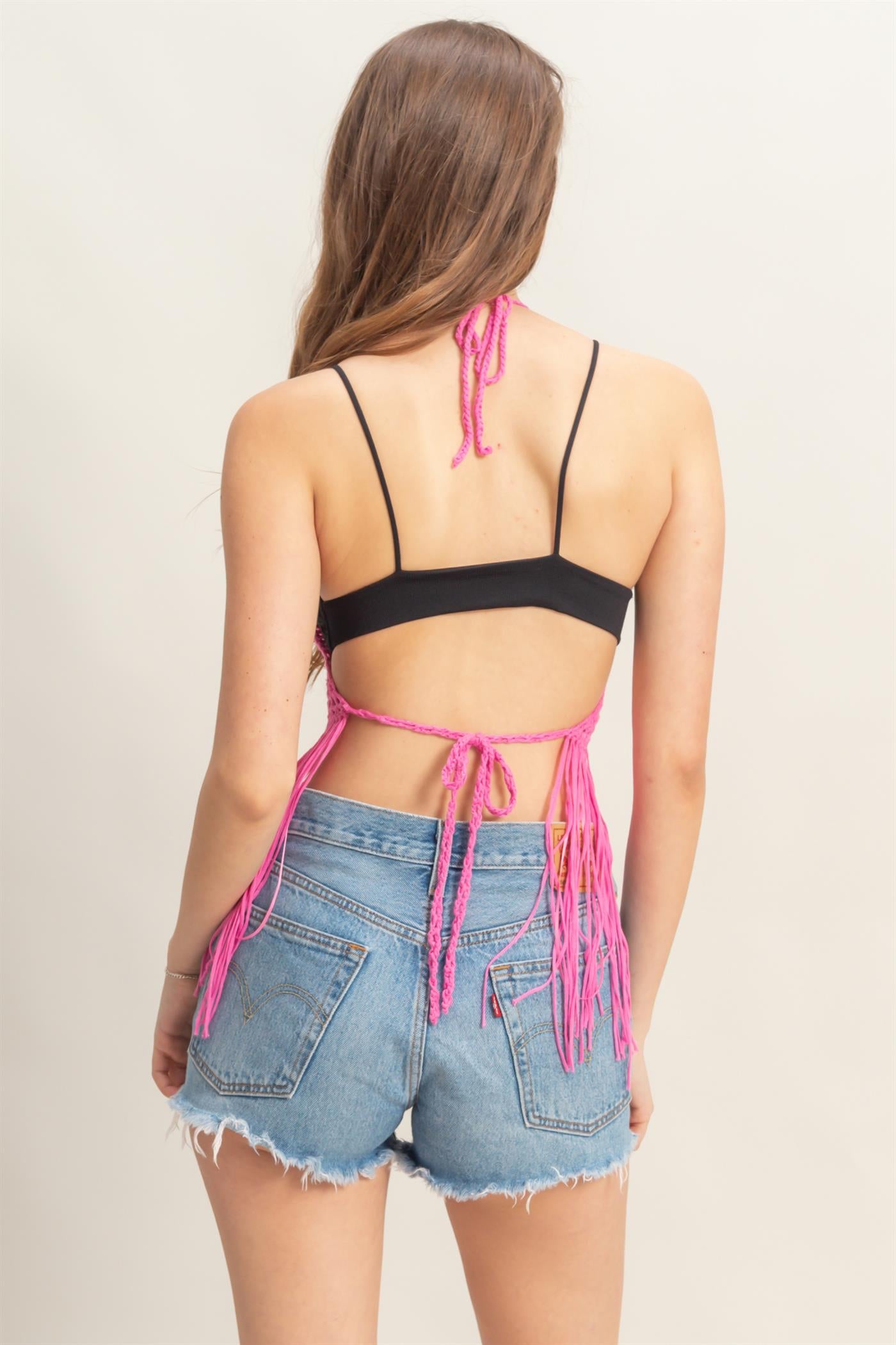 Wholesale Halter Crochet Fringe Detail Coverup Top Clothing Tops HF25A398 HOT PINK HYFVE