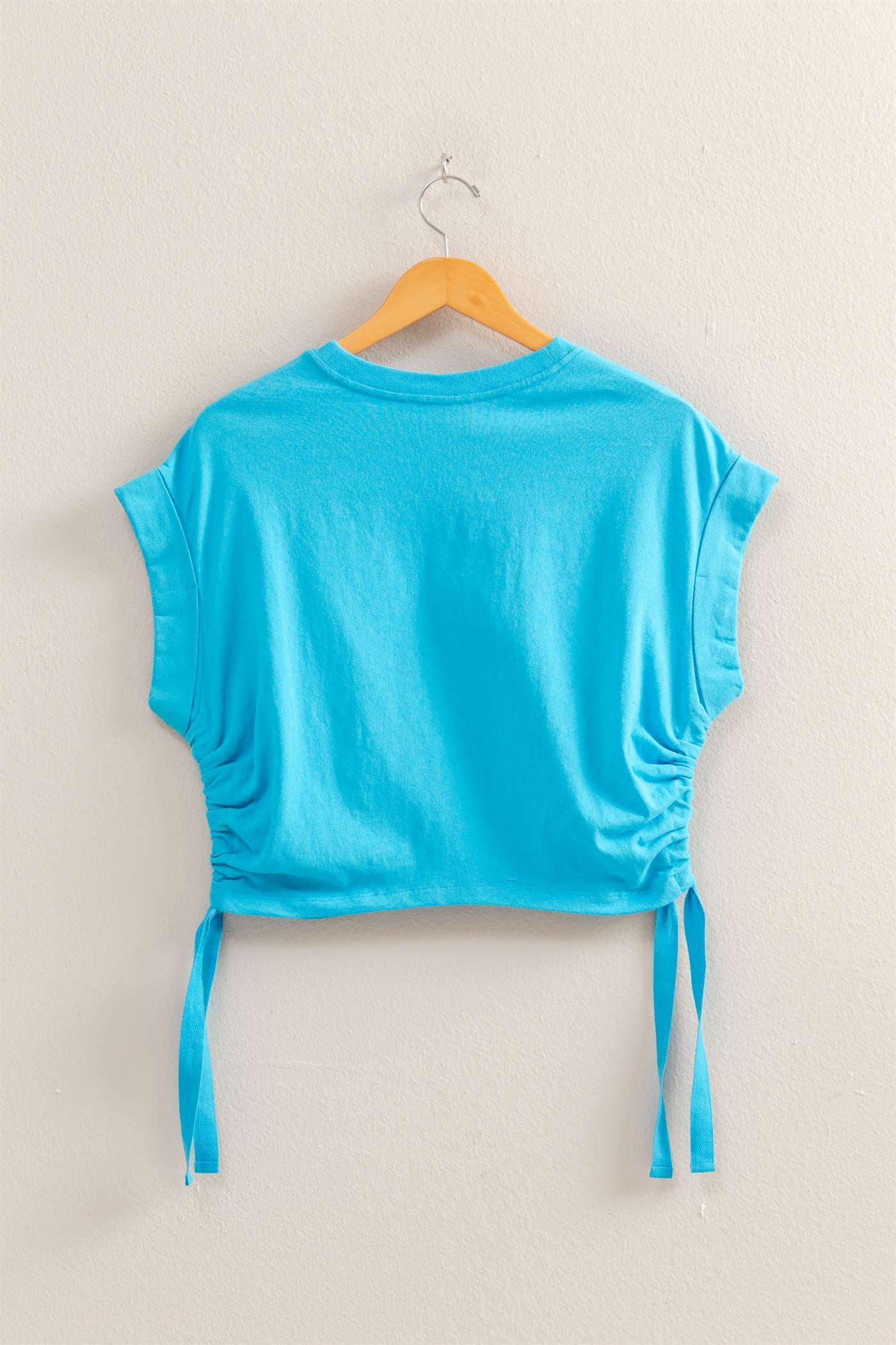 Wholesale Short Sleeve Side Tie Detail Top Clothing Tops DZ25C113 AQUA BLUE DOUBLE ZERO