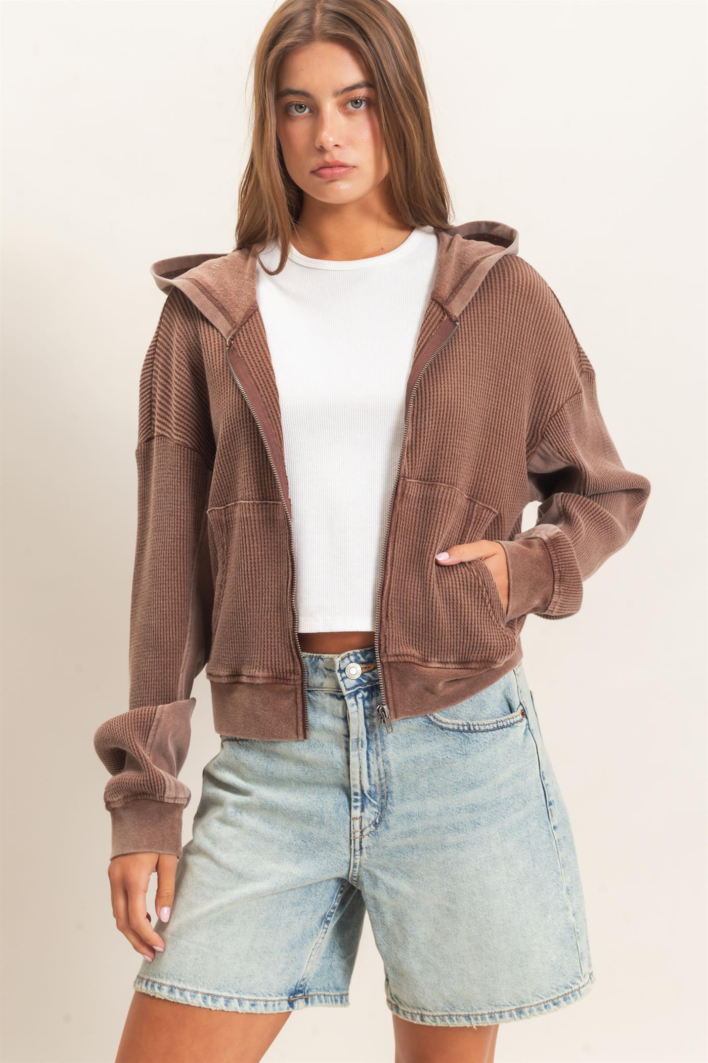 Wholesale Acid Wash Waffle Knit Zip-Up Hoodie Hoodies DZ26E401 DARK BROWN DOUBLE ZERO
