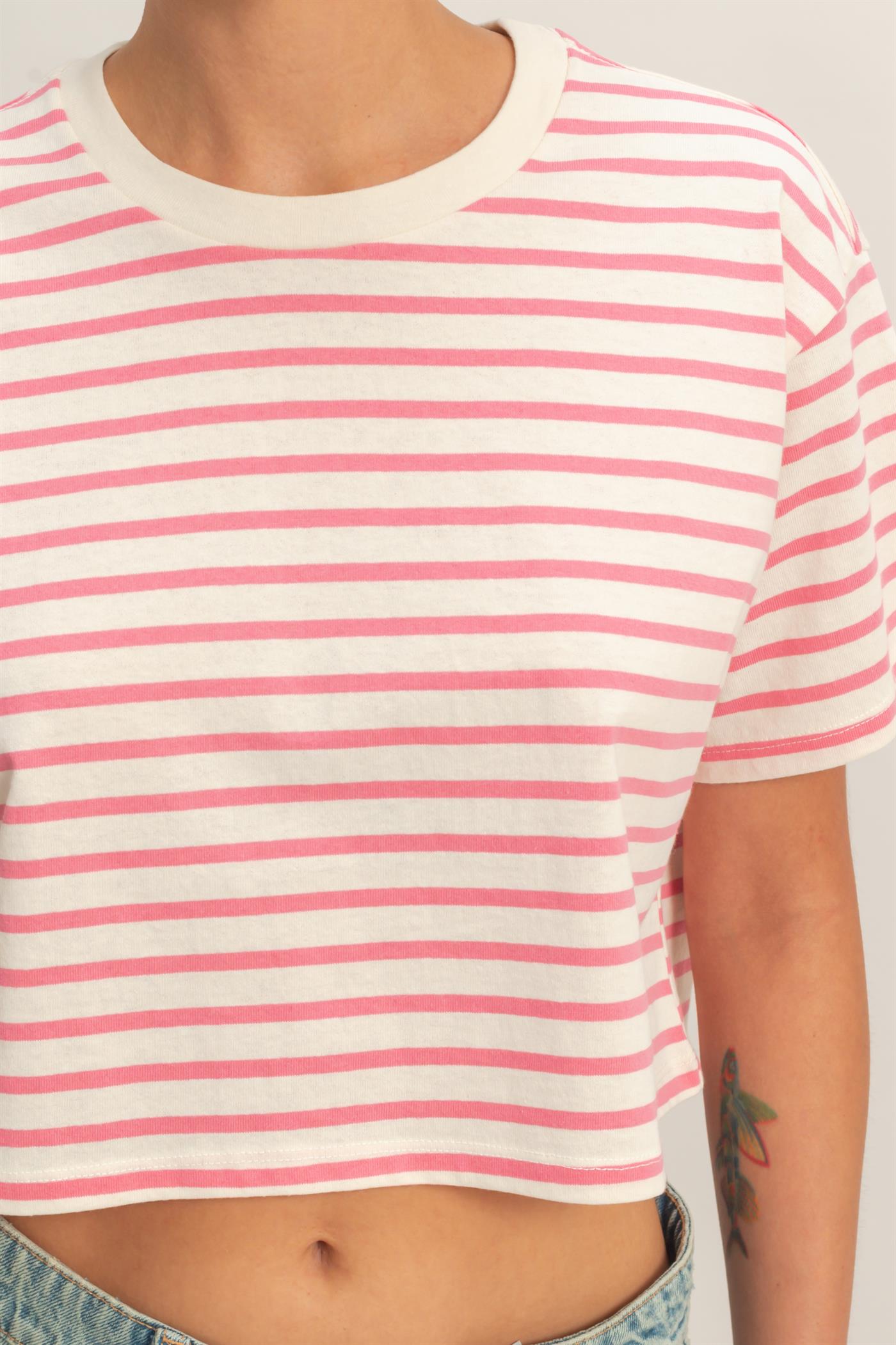 Wholesale Striped Oversized Short Sleeve Cropped Tee Clothing Tops DZ26C023 PINK DOUBLE ZERO