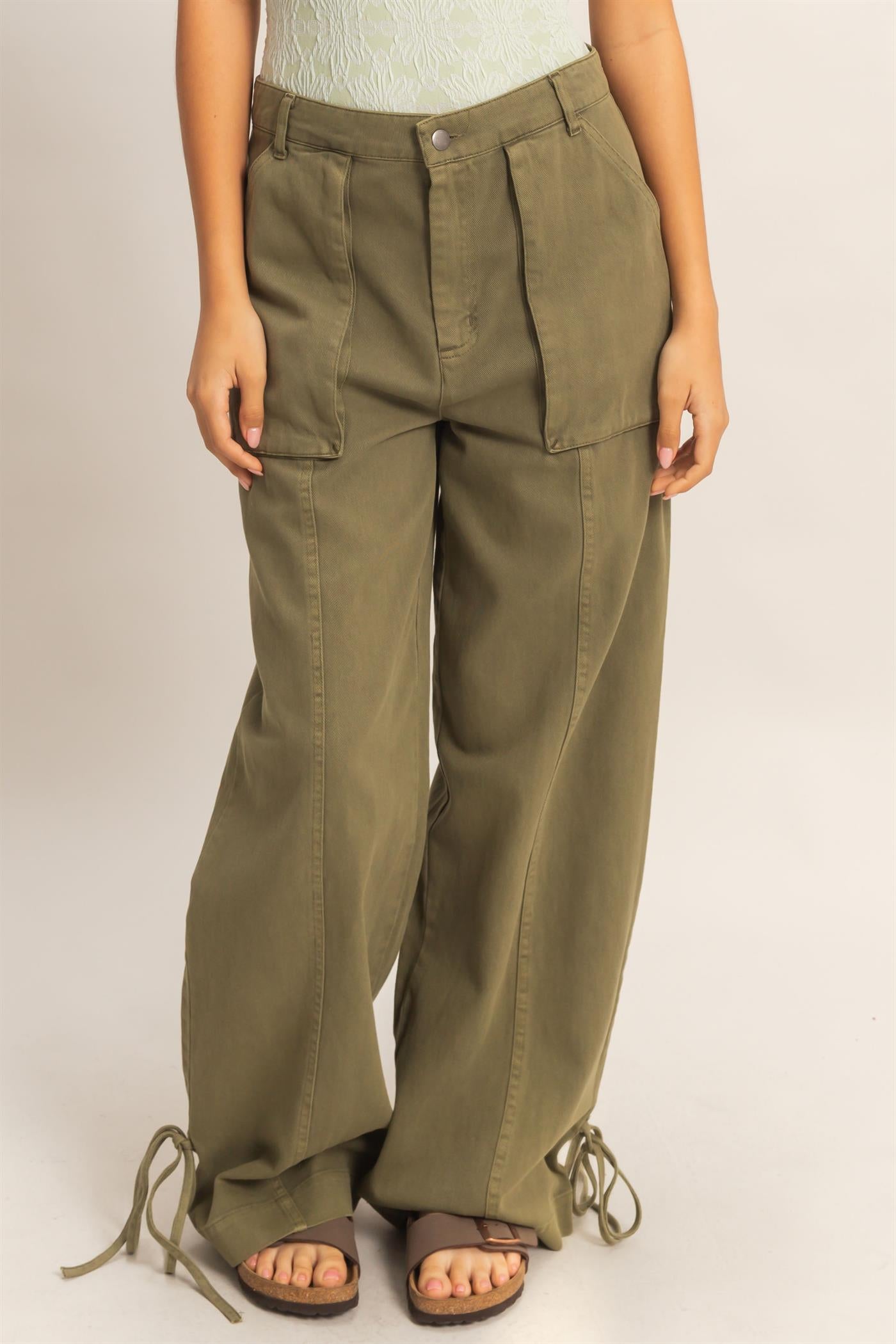 Wholesale High Rise Cargo Pants With Ankle Ties Pants DZ24C156 MOSS DOUBLE ZERO