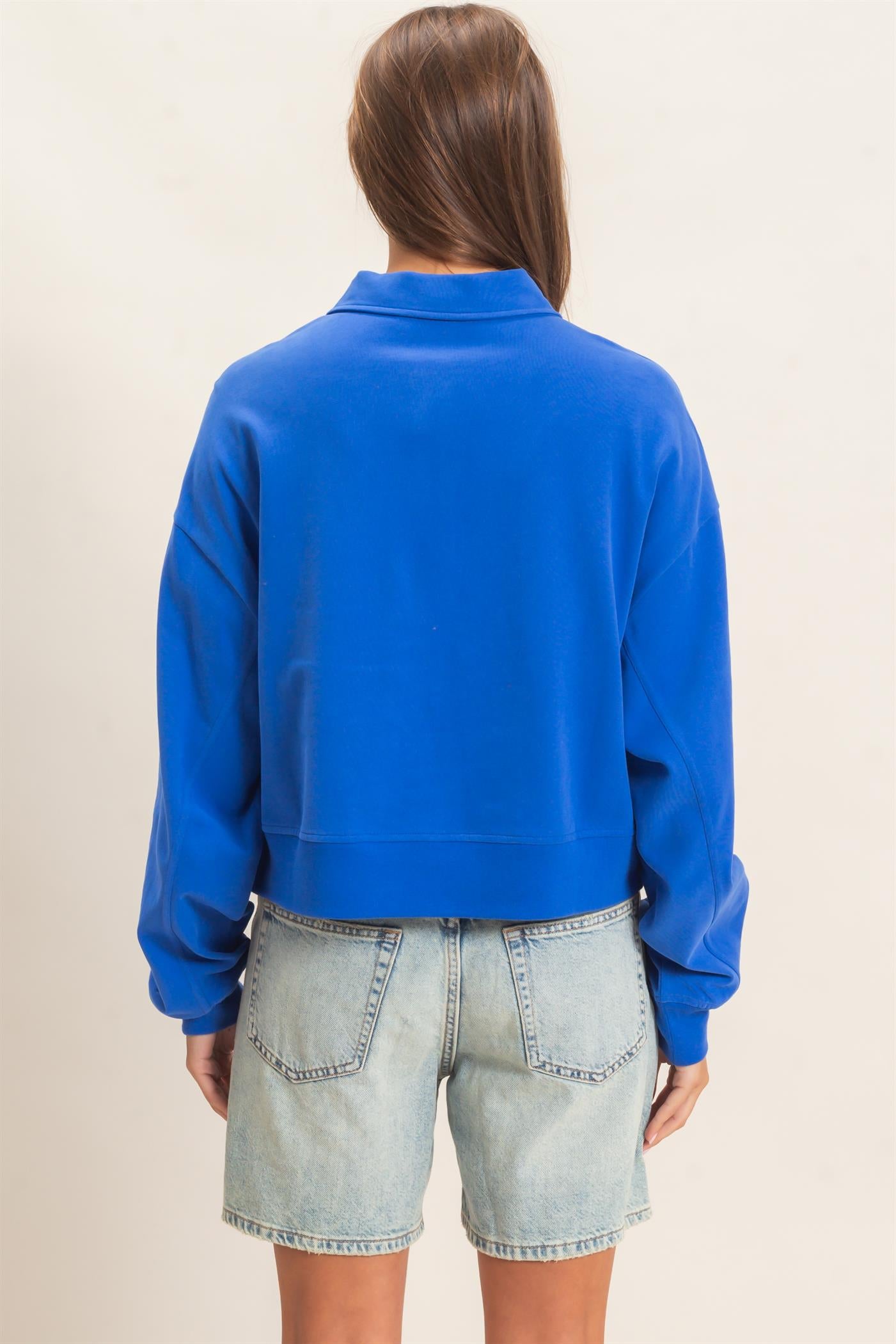 Wholesale Washed Button-Front Collared Sweatshirt Sweatshirts DZ26E390 COBALT DOUBLE ZERO