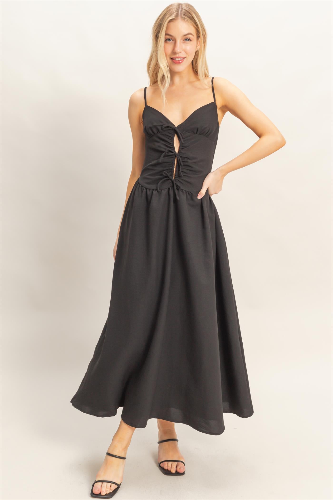 Wholesale Spaghetti Strap Ruched Dress Dresses HF26A011 BLACK HYFVE