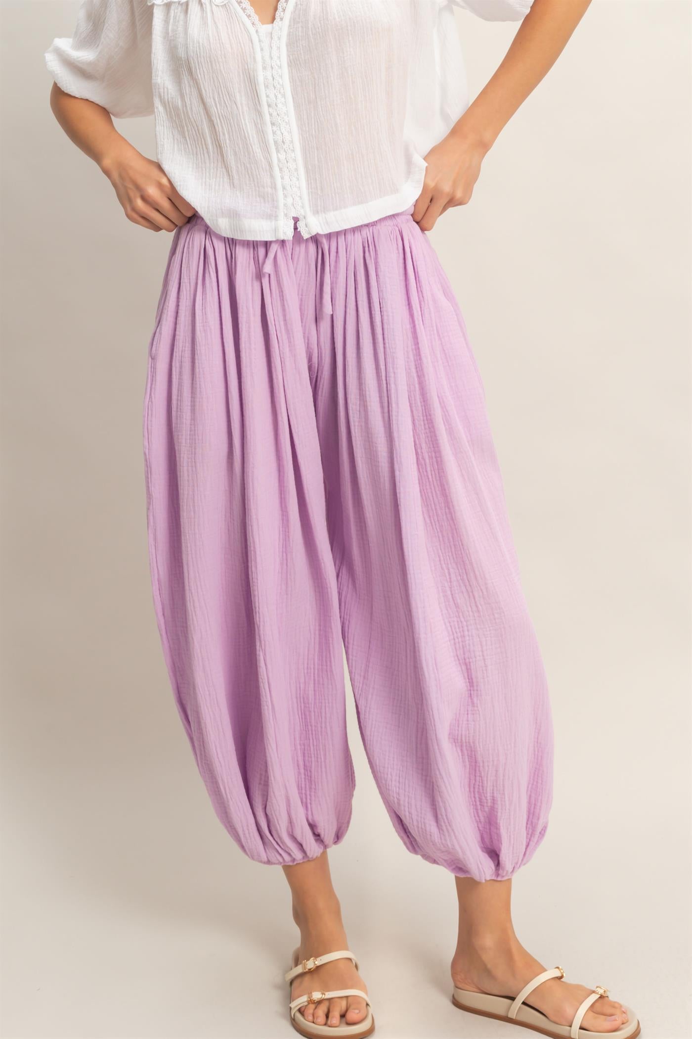 Wholesale Gauzed Elastic Waist Balloon Joggers Pants Pants HF26C320 PINK HYFVE