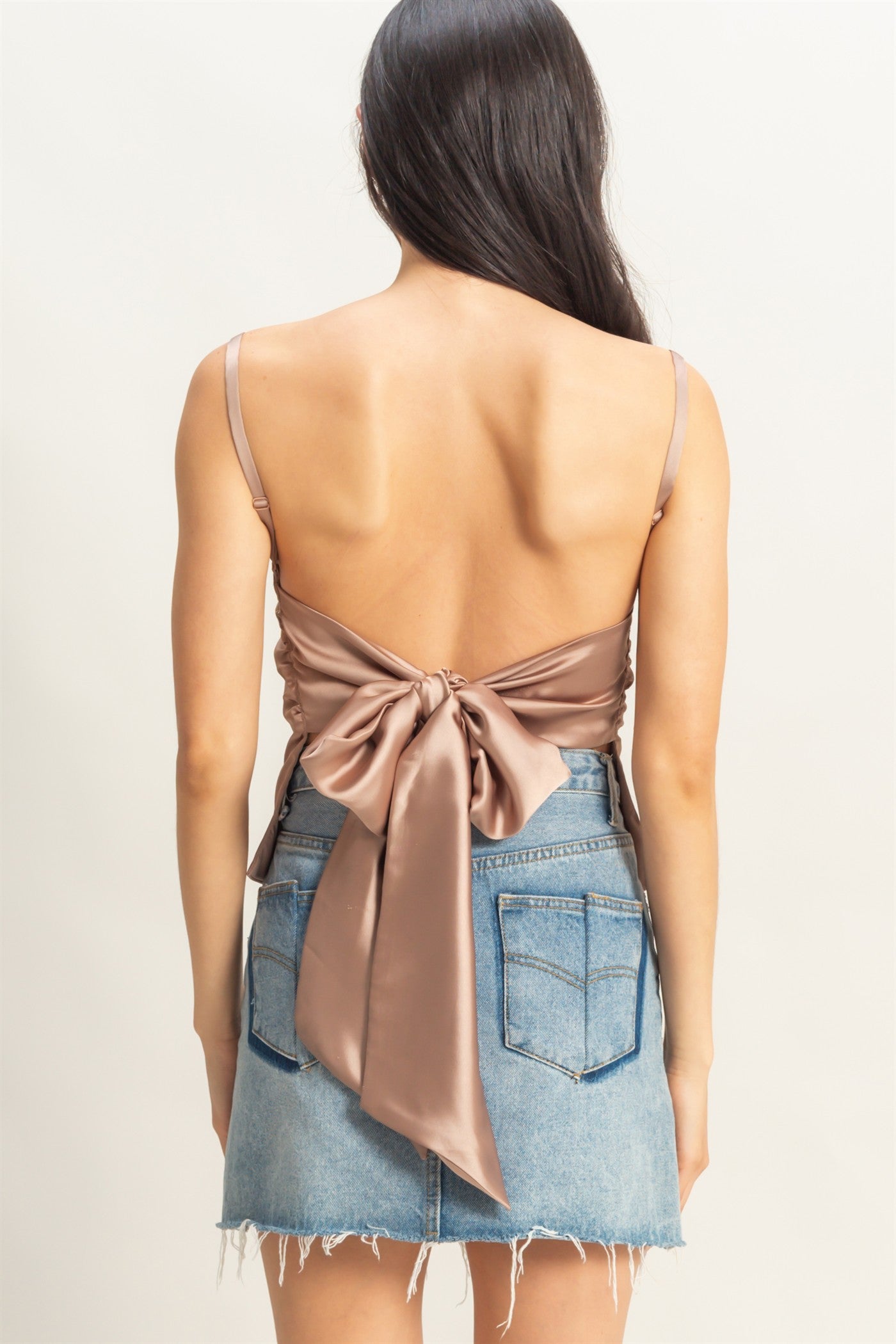 Wholesale Satin Back Tie Detail Sleeveless Top Clothing Tops DZ25C126 DARK TAUPE DOUBLE ZERO