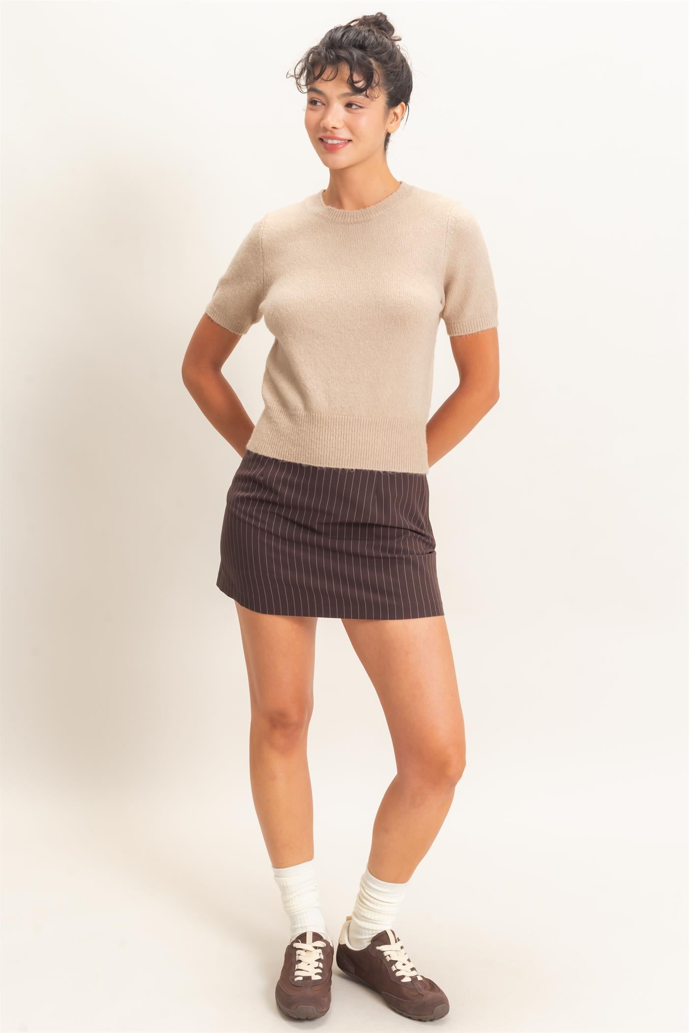 Wholesale Crew Neck Short Sleeve Knit Top Clothing Tops DZ26E944 TAUPE DOUBLE ZERO