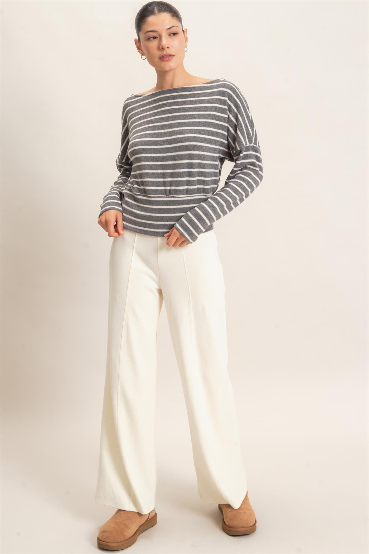 Wholesale Striped Off Shoulder Top T-Shirts HF26E953 GRAY HYFVE