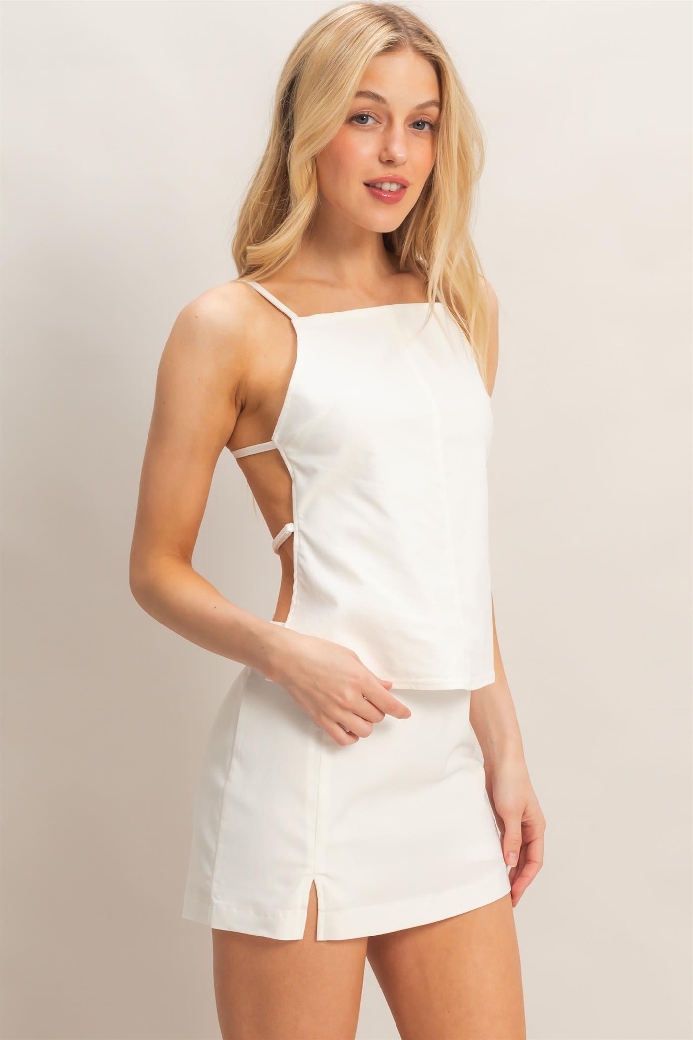 Wholesale Strappy Straight Neck Top & Skort Clothing HF26C894-SET WHITE HYFVE