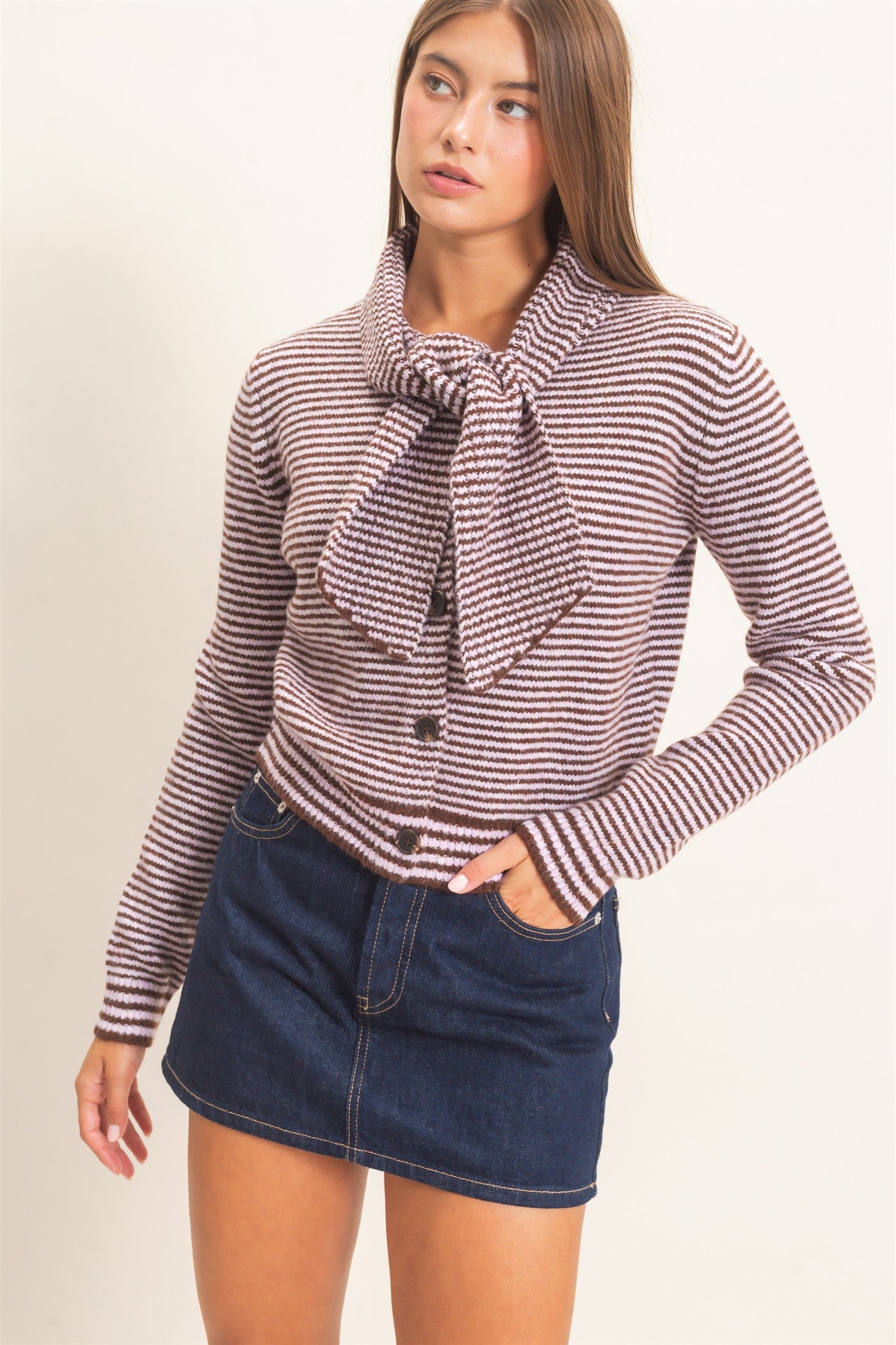 Wholesale Striped Cardigan With Scarf Cardigans DZ26E930 LAVENDER DOUBLE ZERO