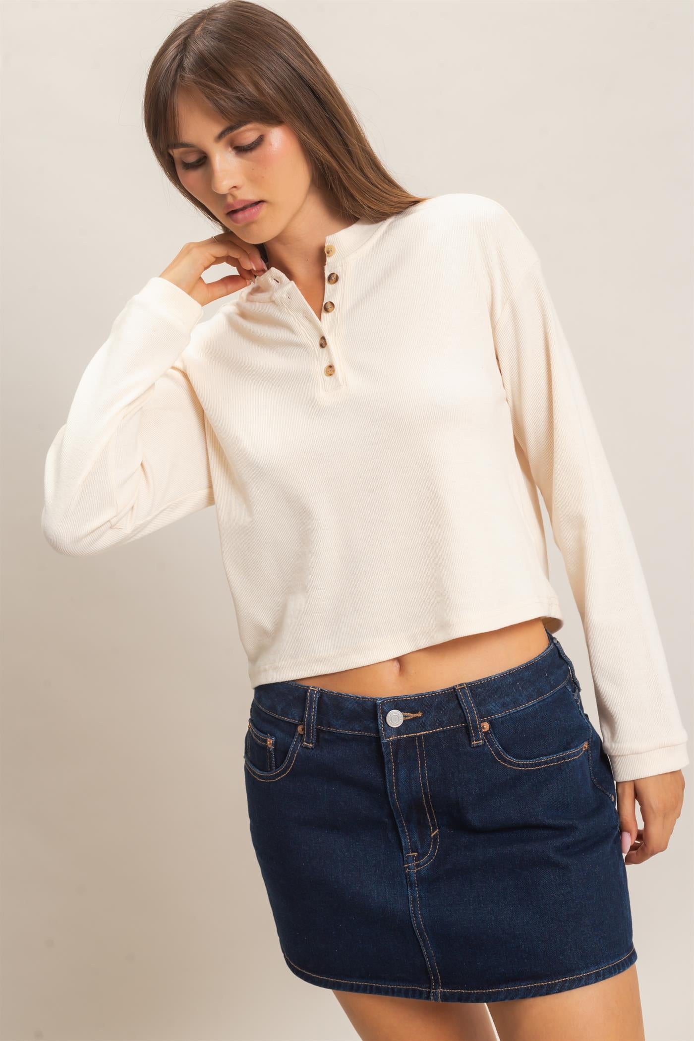 Wholesale Buttoned Henley Top Clothing Tops HF26F081 CREAM HYFVE