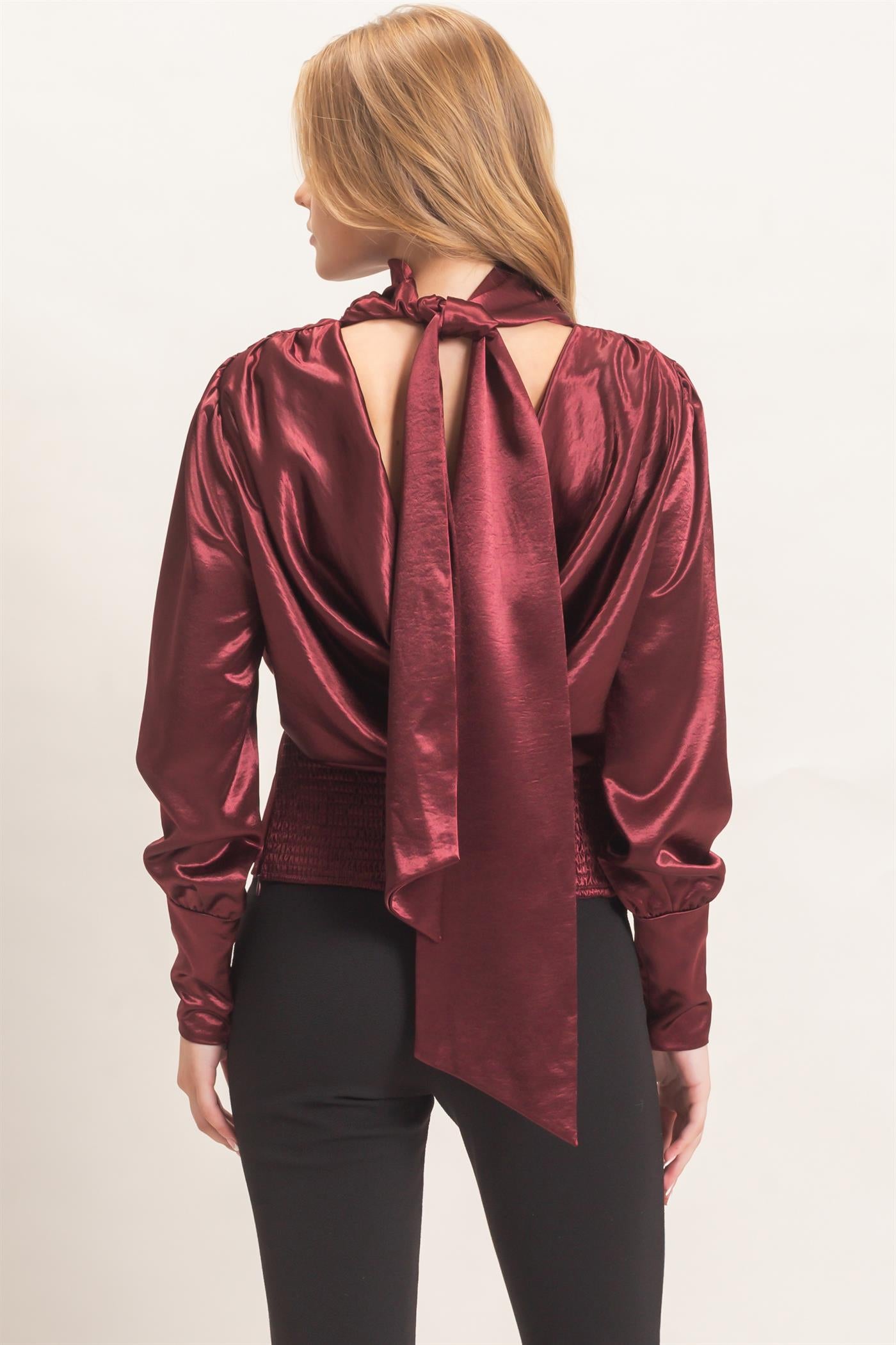 Wholesale Satin Cowl Back Blouse Blouses HF26F113 WINE HYFVE