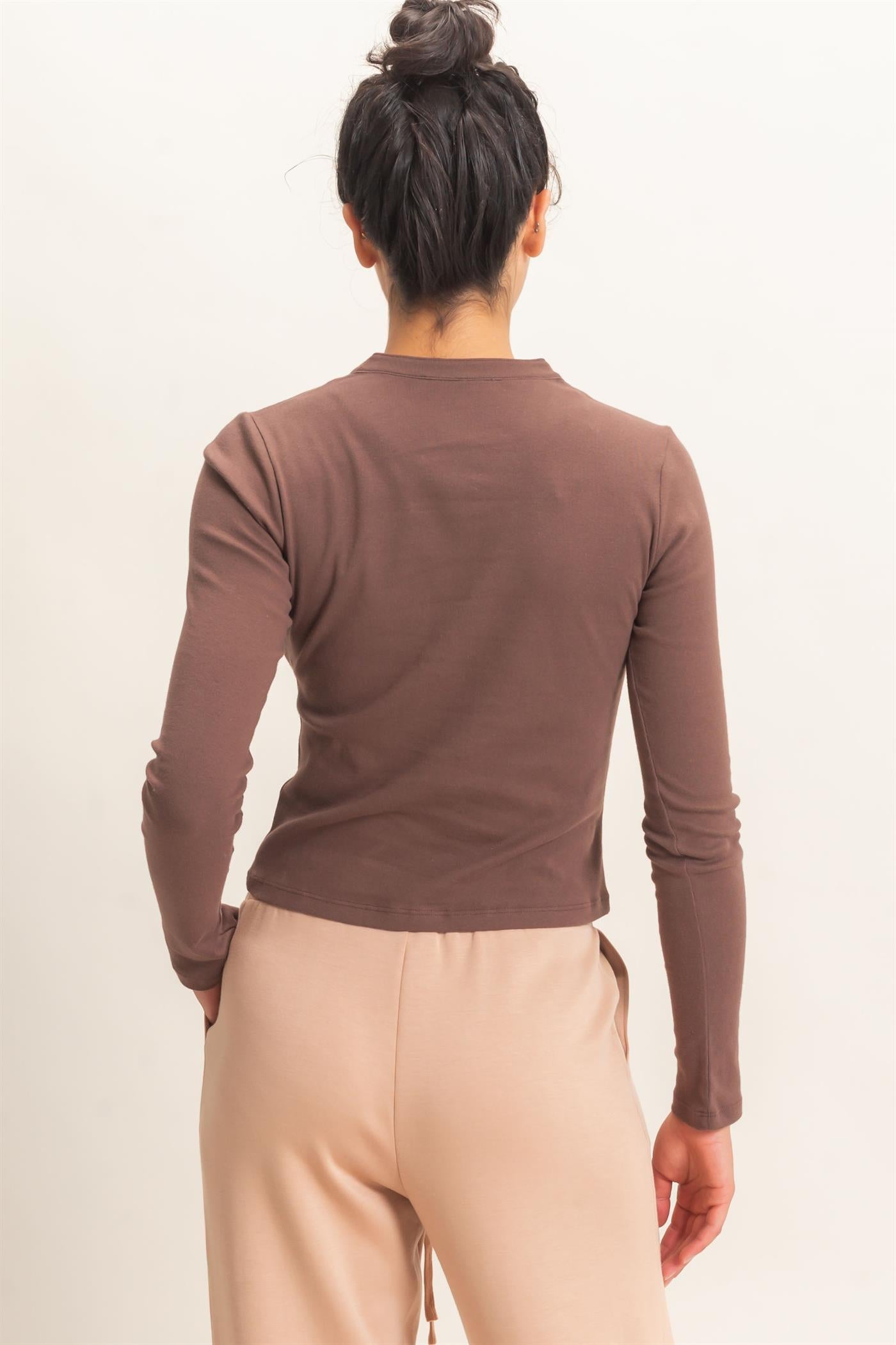 Wholesale Long Sleeve Henley Top Clothing Tops DZ26E865 DARK BROWN DOUBLE ZERO