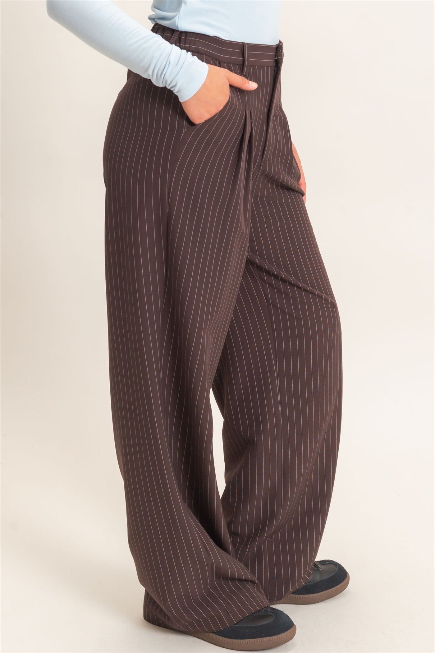 Wholesale Pinstripe Wide-Leg Trousers Pants DZ26E426 DARK BROWN DOUBLE ZERO