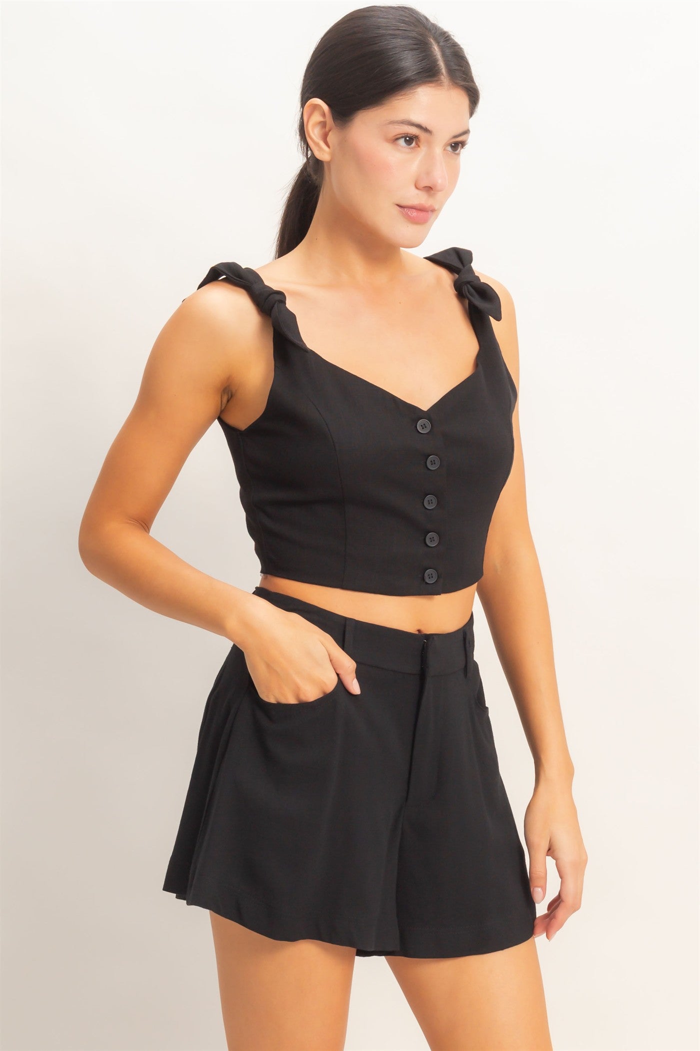 Wholesale Button-Up Tie Strap Crop Top Clothing Tops HF26A445 BLACK HYFVE