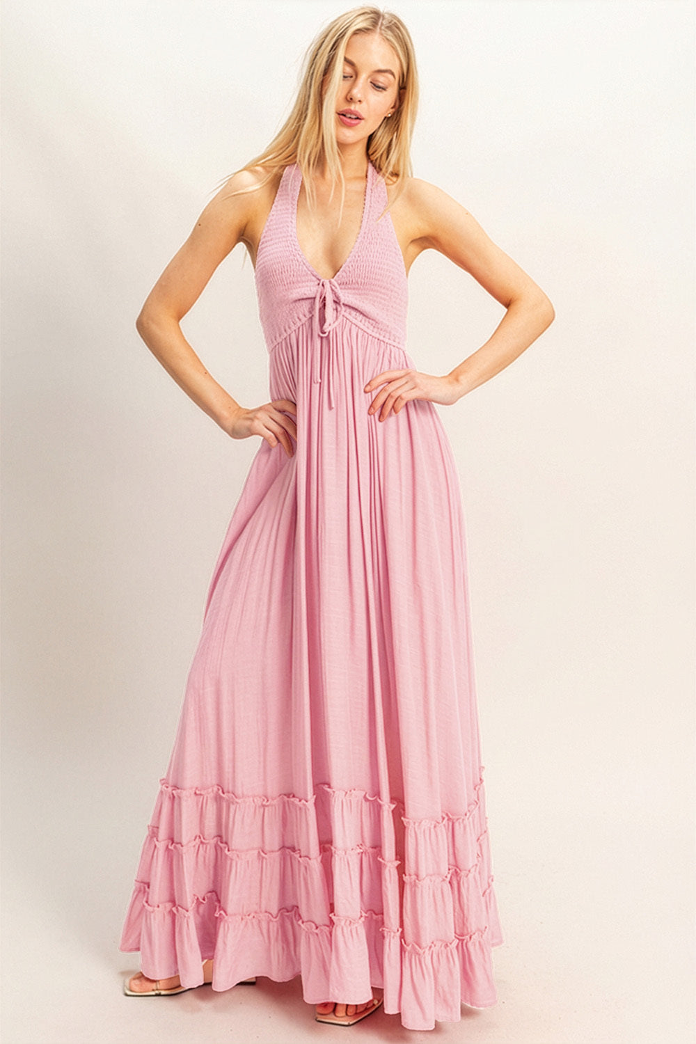 Wholesale Halter Neck Smocked Maxi Dress Dresses HF26C287-D PINK HYFVE