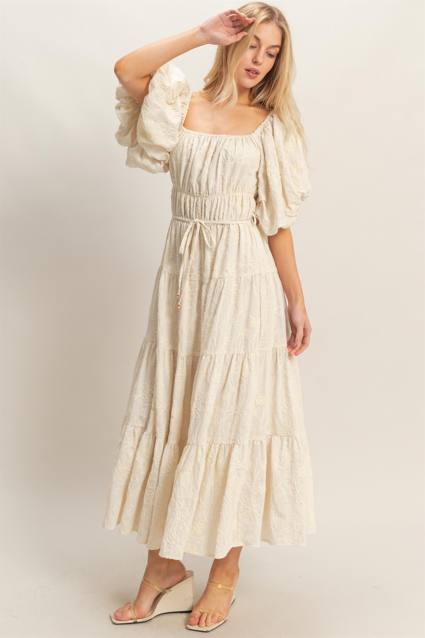 Wholesale Floral Puff Sleeve Midi Dress Dresses HF26C777-D CREAM HYFVE