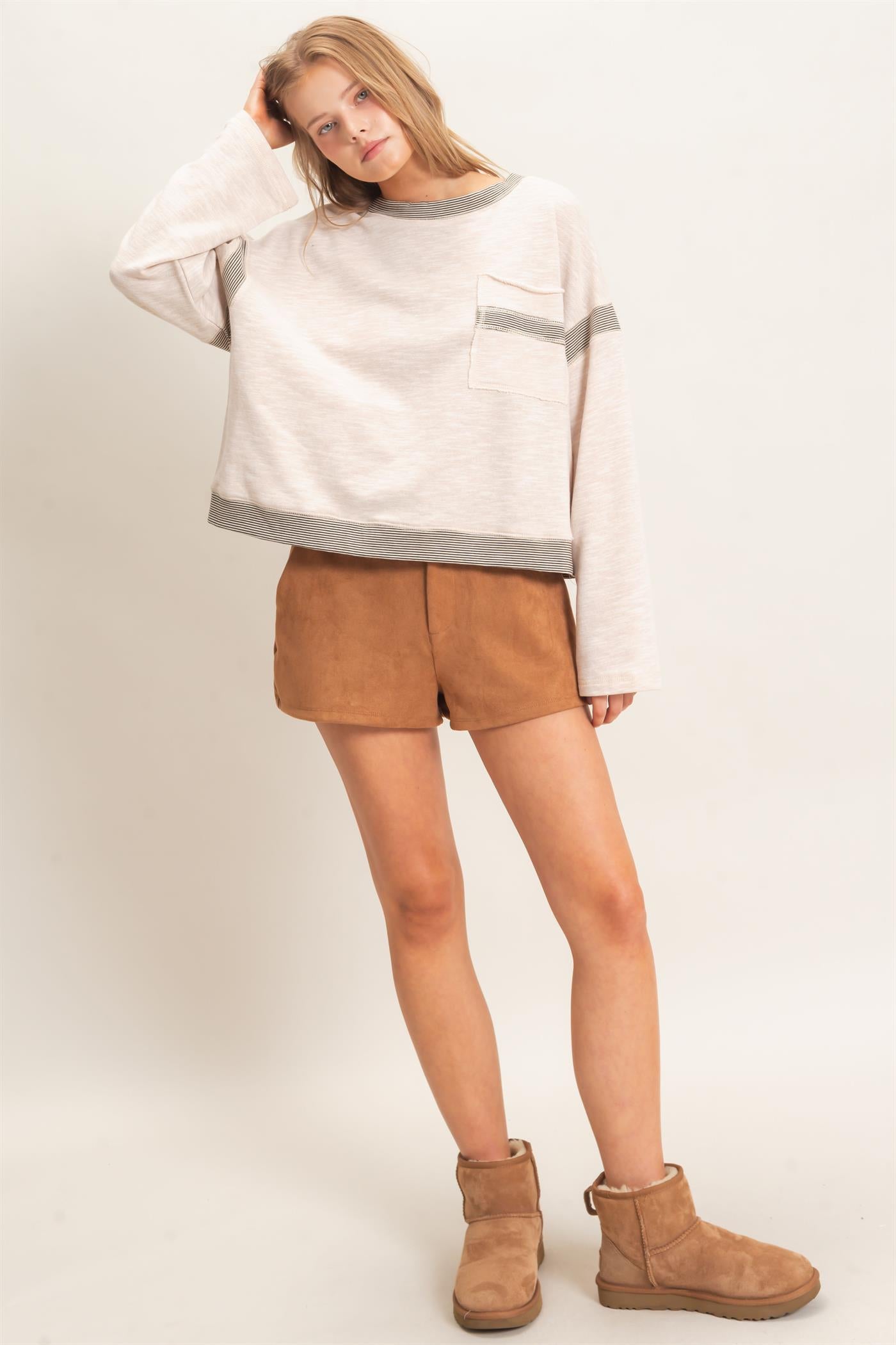 Wholesale Striped Trim Pocket Sweatshirt Sweatshirts HF26E557 OATMEAL HYFVE