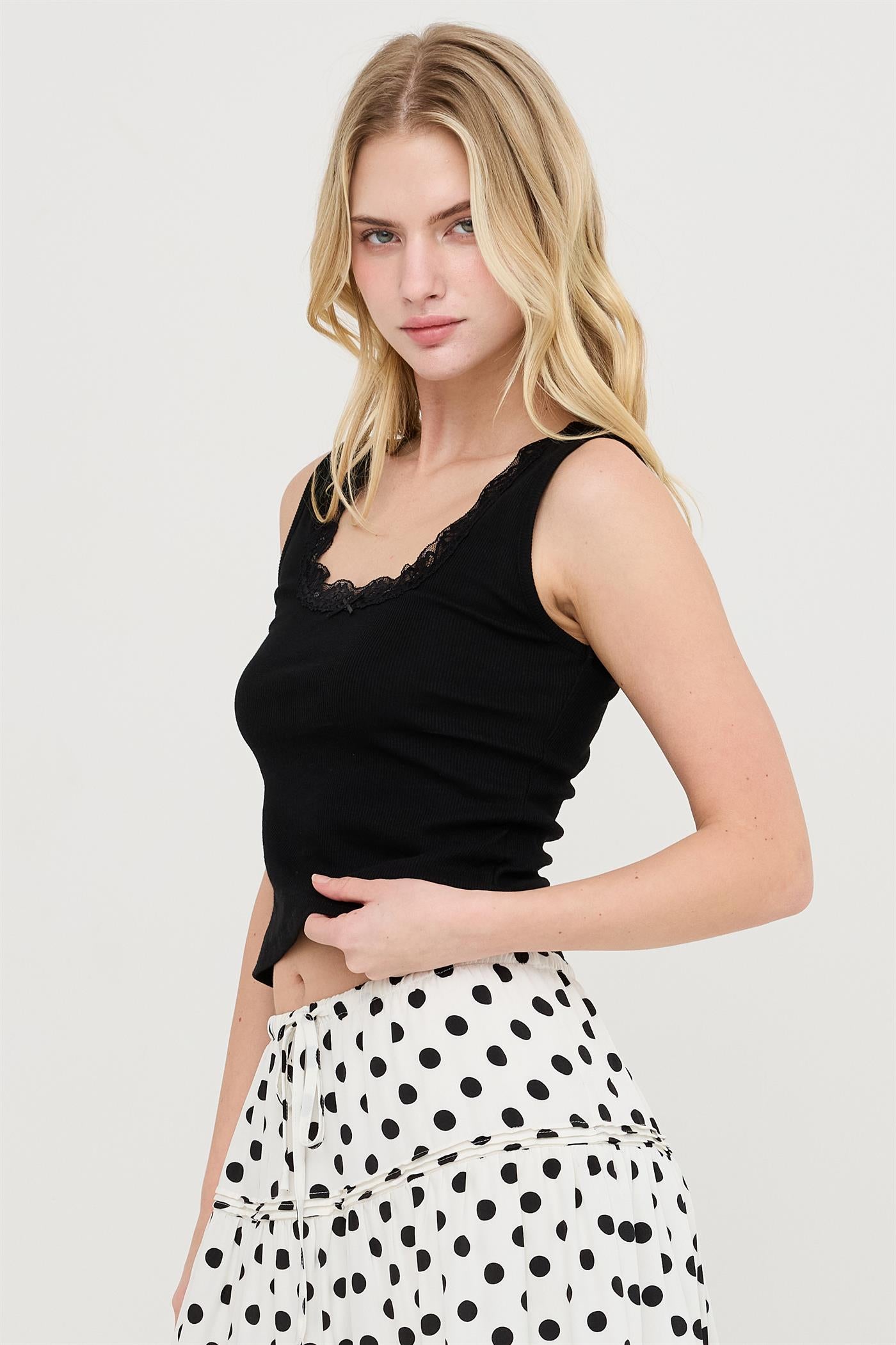 Wholesale Lace Trim Ribbed Tank Top Clothing Tops HF26A295 BLACK HYFVE