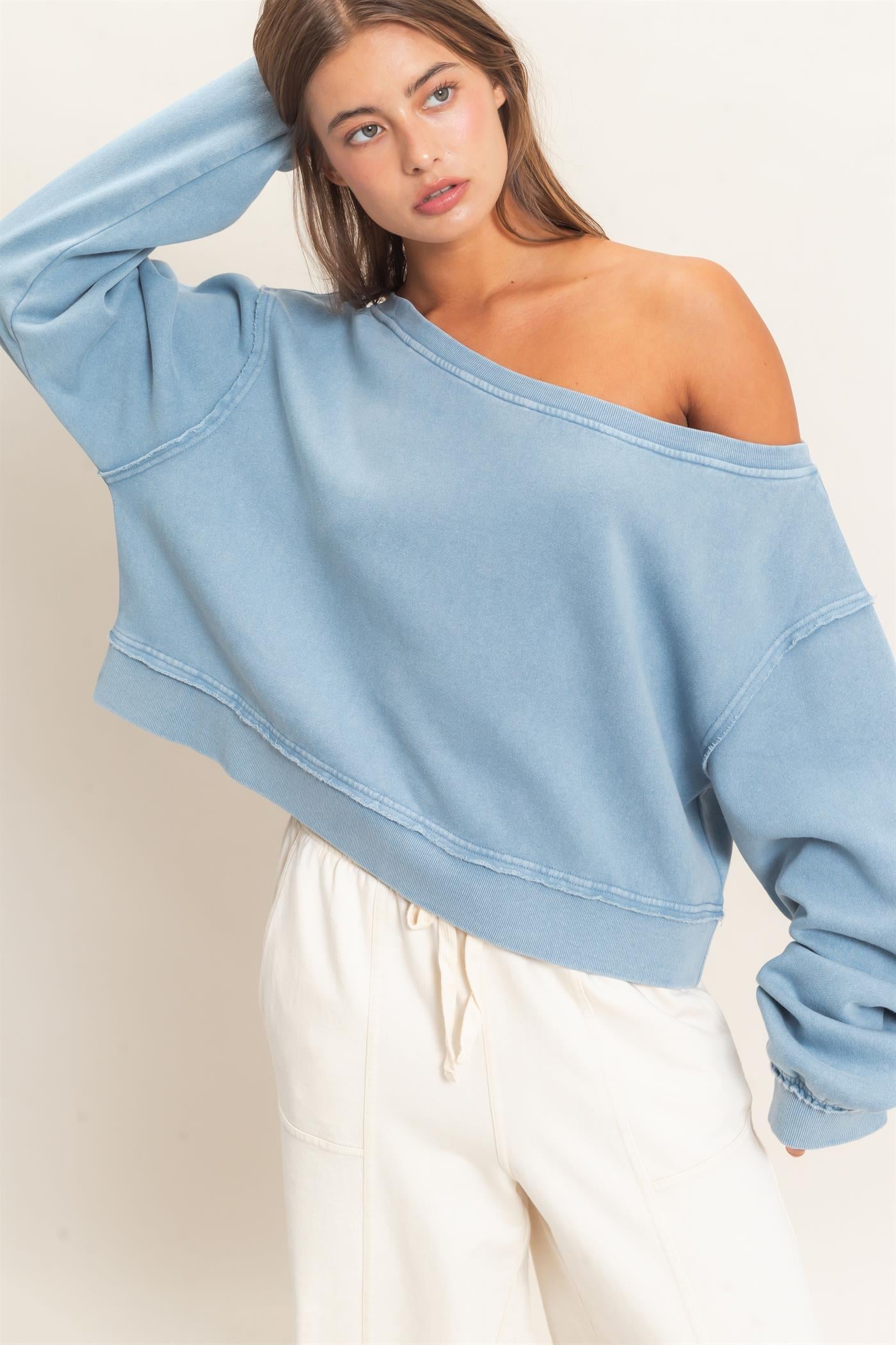 Wholesale Raw Edge Acid Wash Off The Shoulder Sweatshirt Sweatshirts DZ26F013 DUSTY BLUE DOUBLE ZERO