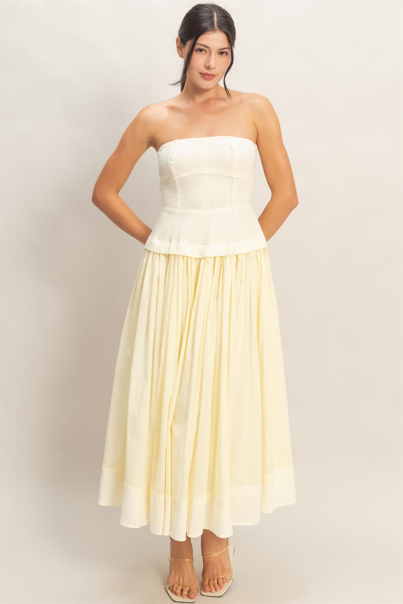Wholesale Strapless Tiered Maxi Dress Dresses HF26A570 CREAM HYFVE