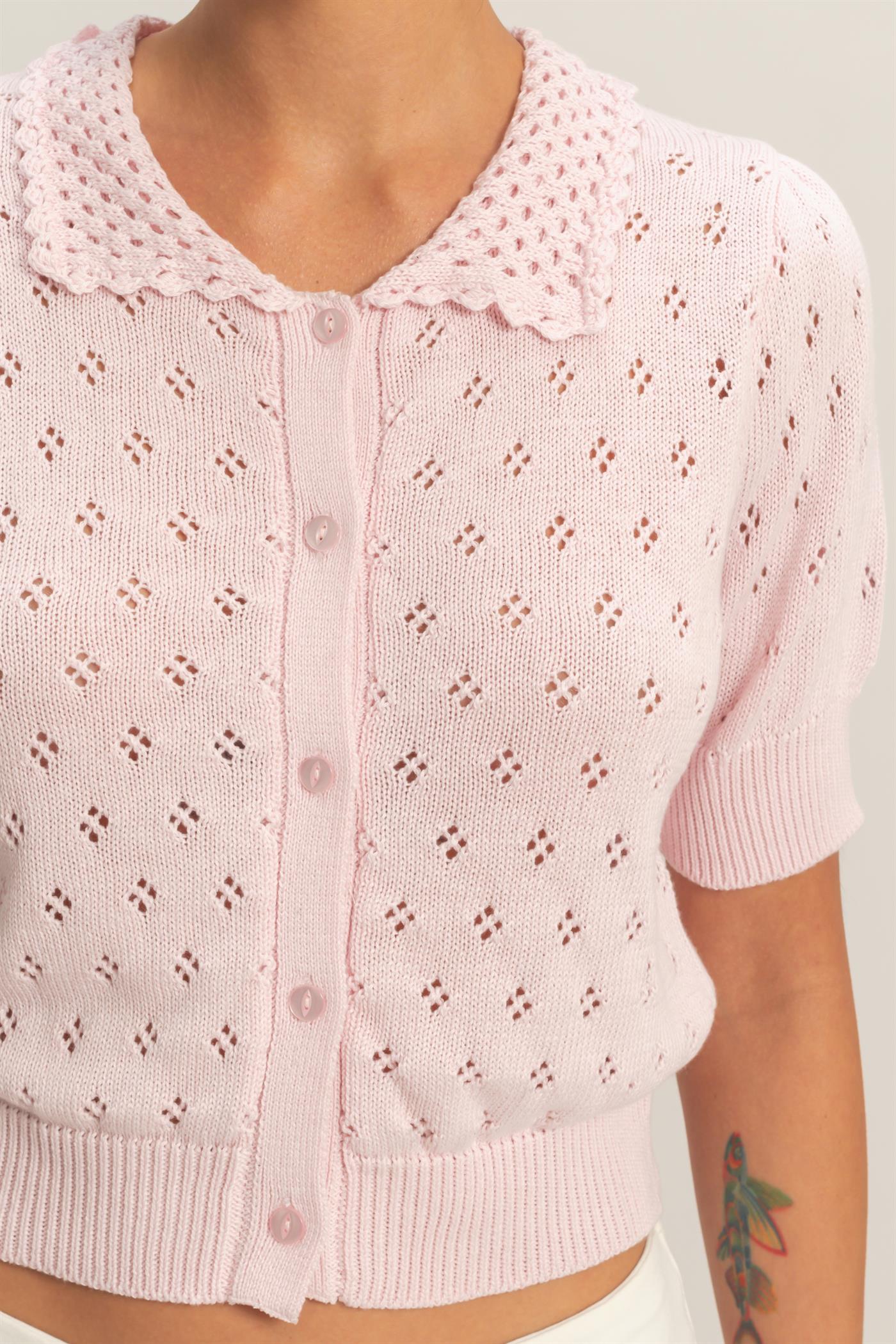 Wholesale Pointelle Collar Button-Up Puff Sleeve Knit Top Clothing Tops DZ26A748 SOFT PINK HYFVE