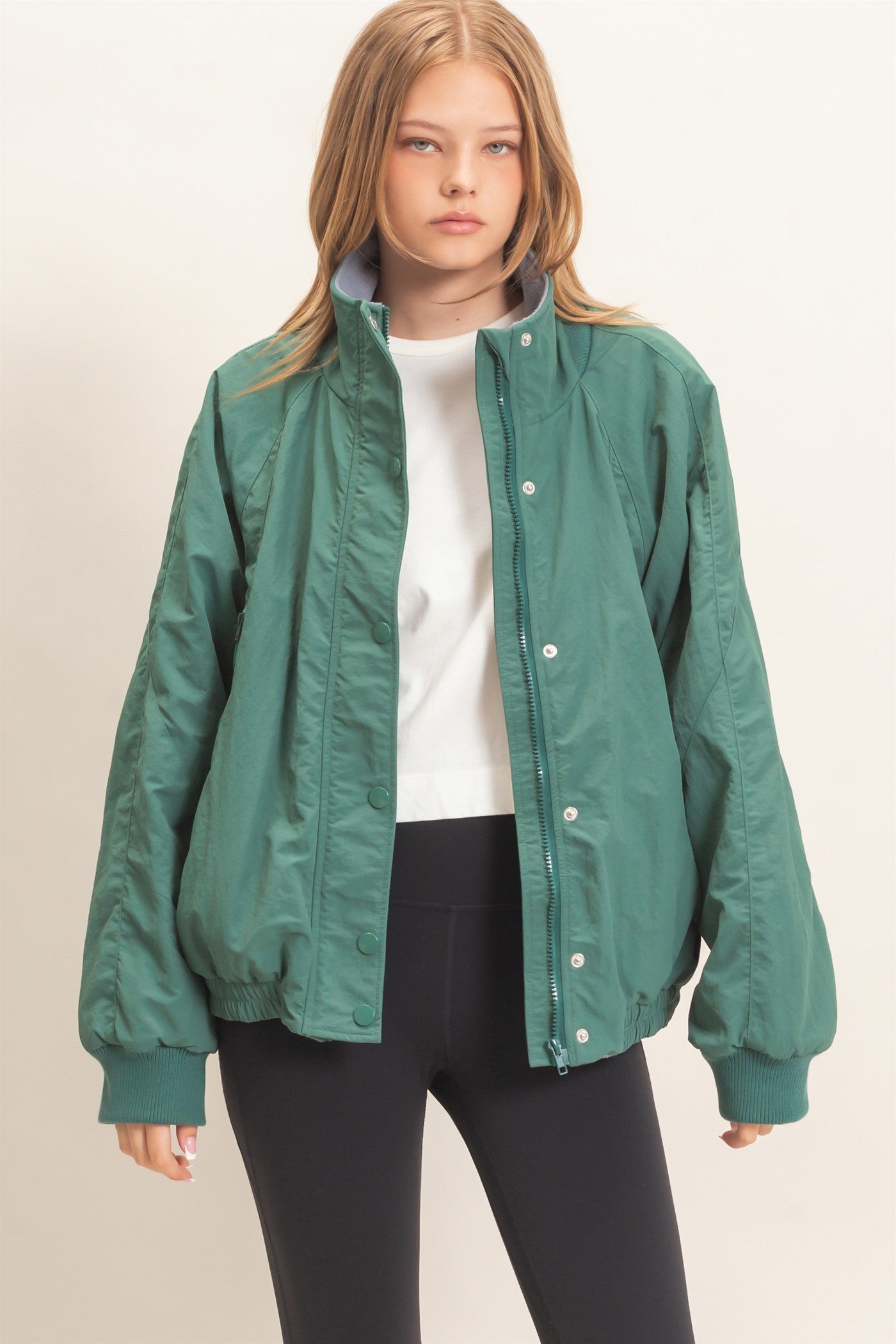 Wholesale Fleece-Lined Mock Neck Snap Jacket Coats & Jackets HF26C918 GREEN HYFVE