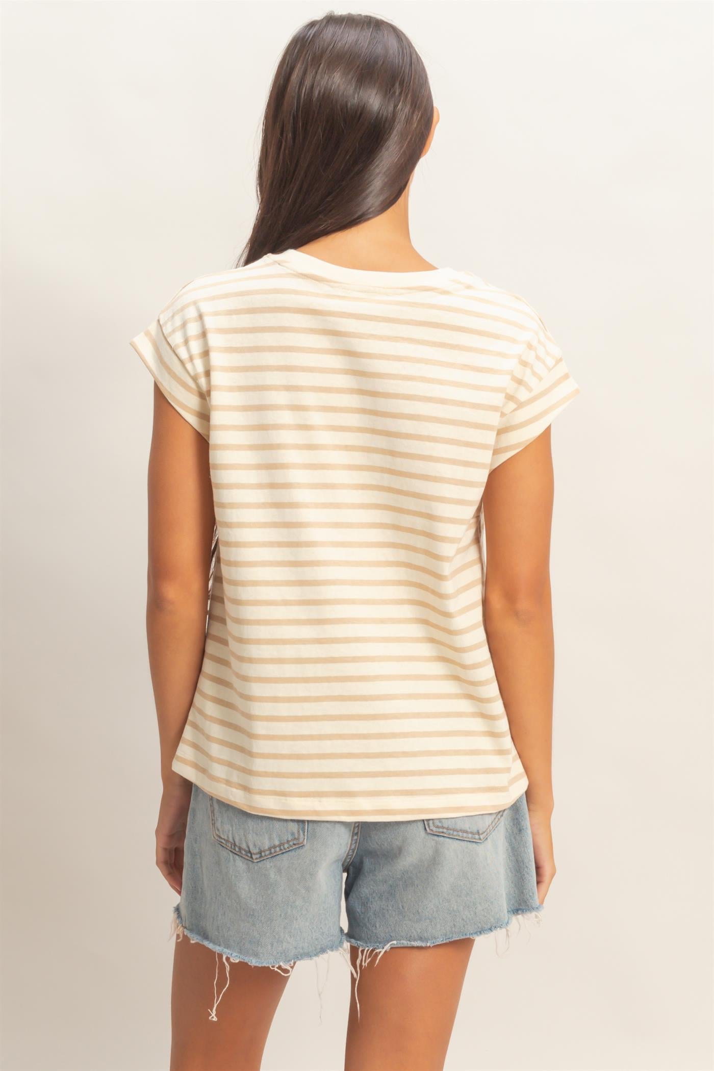 Wholesale Striped Cap Sleeve Relaxed Everyday Tee Clothing Tops DZ26C059 TAUPE DOUBLE ZERO