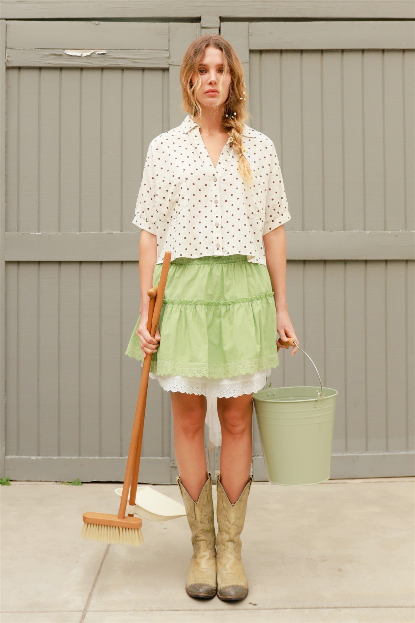 Wholesale Smocked Waist Layered Skirt Skirts HF26A781 LIGHT OLIVE HYFVE