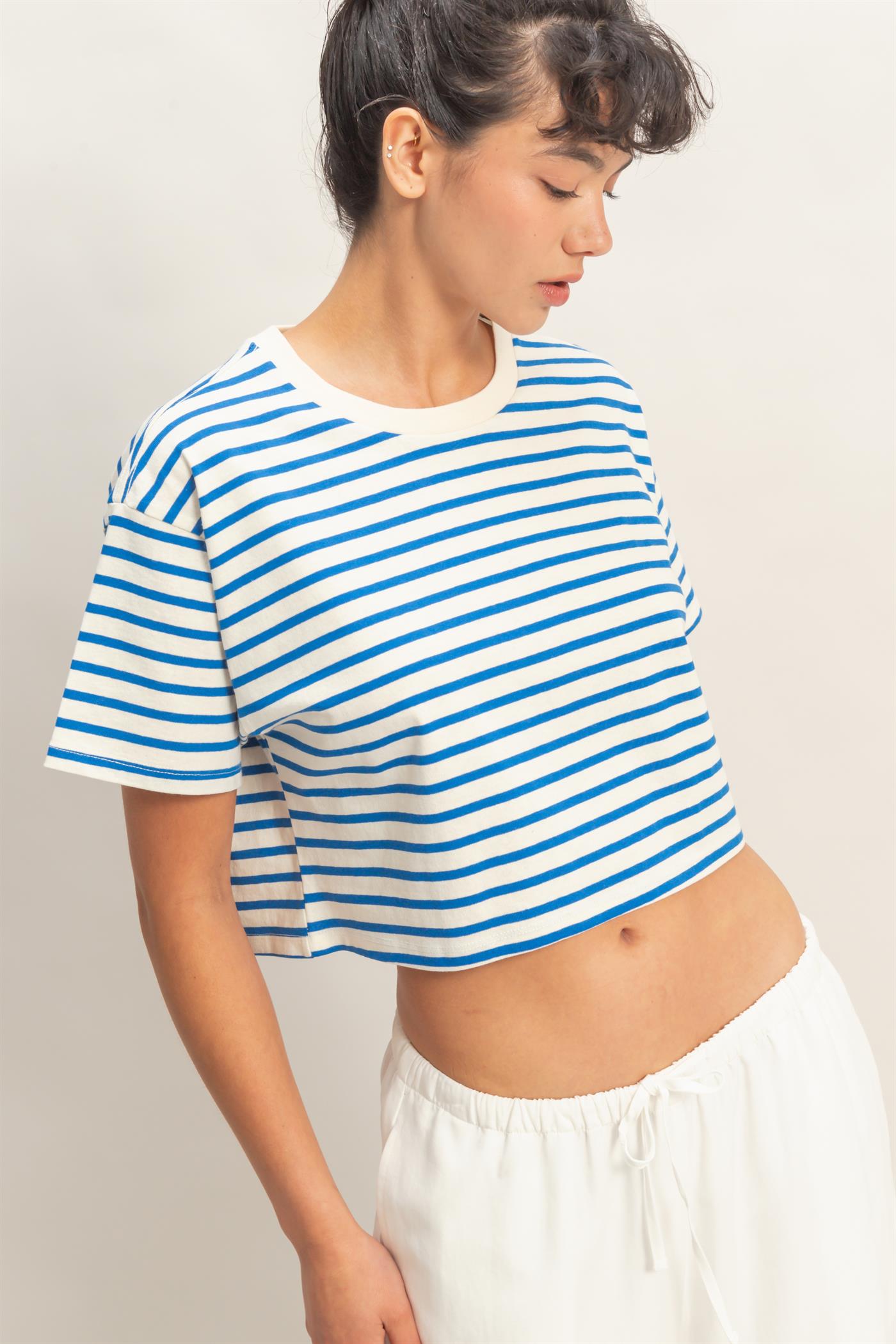 Wholesale Striped Oversized Short Sleeve Cropped Tee Clothing Tops DZ26C023 BLUE DOUBLE ZERO