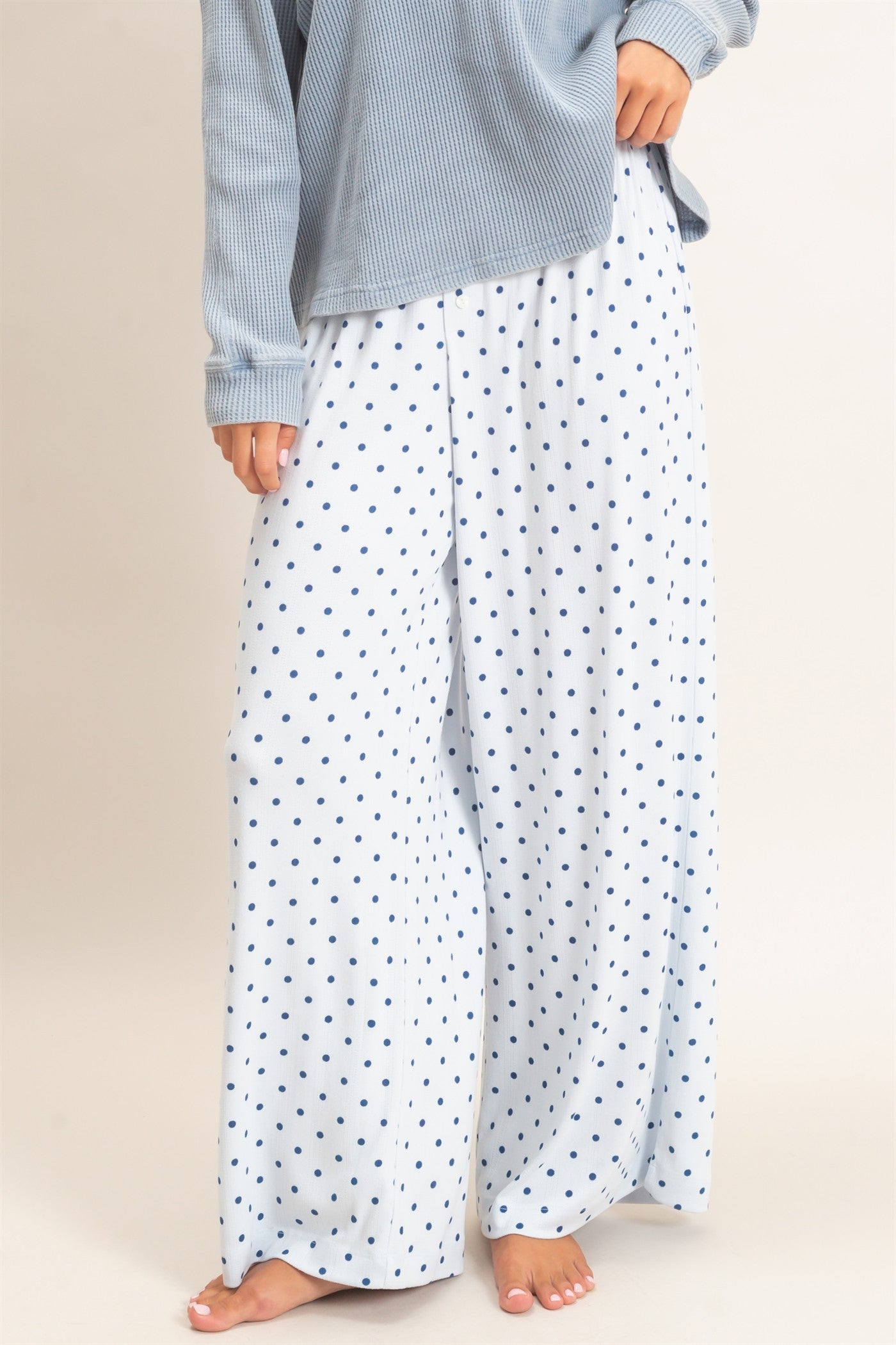 Wholesale Polka Dot Wide Leg Pants Pants DZ27A168 LIGHT BLUE DOUBLE ZERO