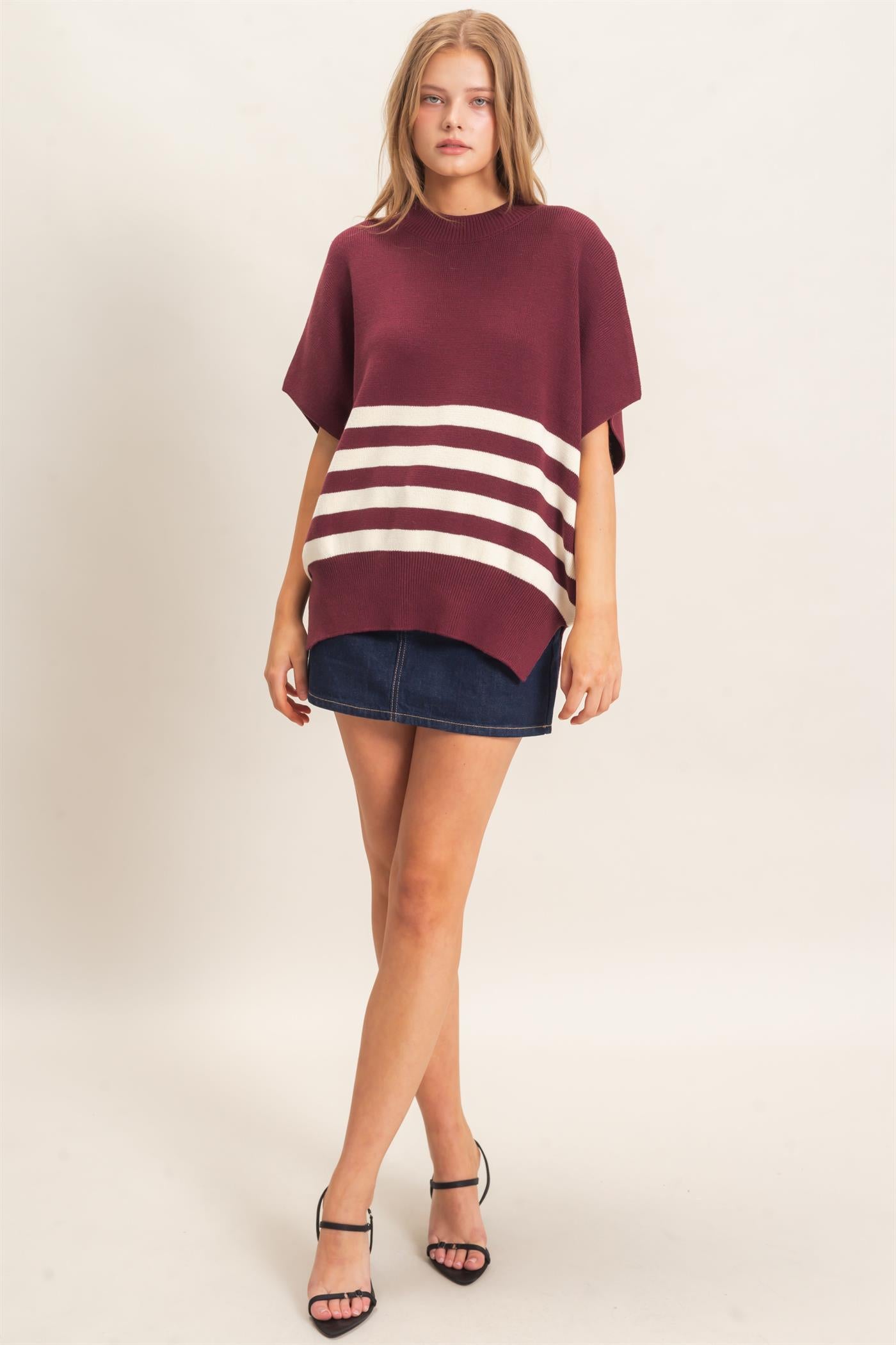 Wholesale Striped Ribbed Crew Neck Sweater Sweaters HF26E350-D WINE HYFVE