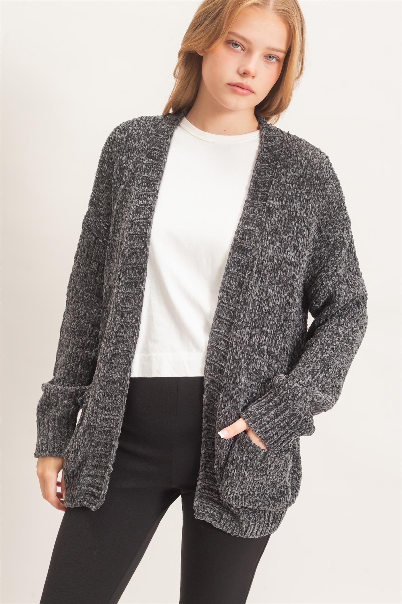 Wholesale Patch Pocket Chenille Cardigan Cardigans HF26E839 CHARCOAL HYFVE
