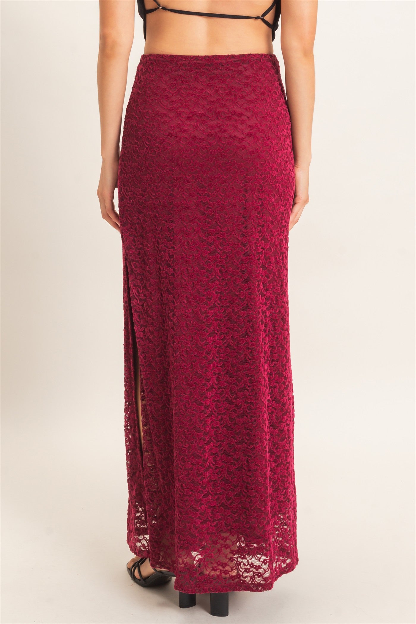 Wholesale Velvet Lace Maxi Skirt Skirts HF26E702 BURGUNDY HYFVE