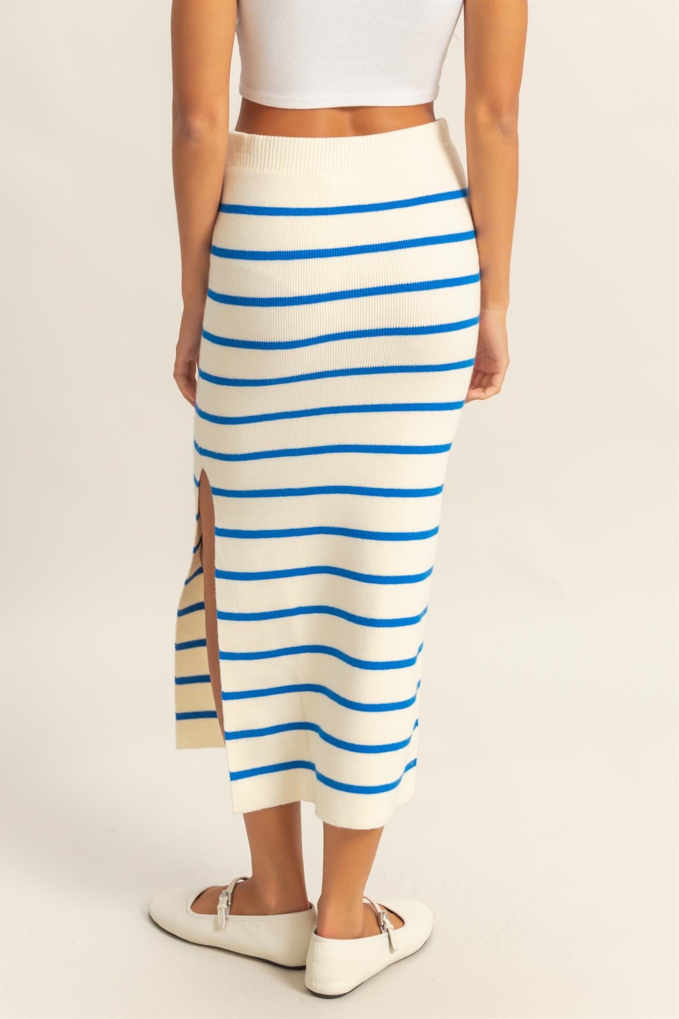 Wholesale Striped High Waist Bodycon Sweater Skirt Skirts DZ25A637 BLUE/CREAM DOUBLE ZERO